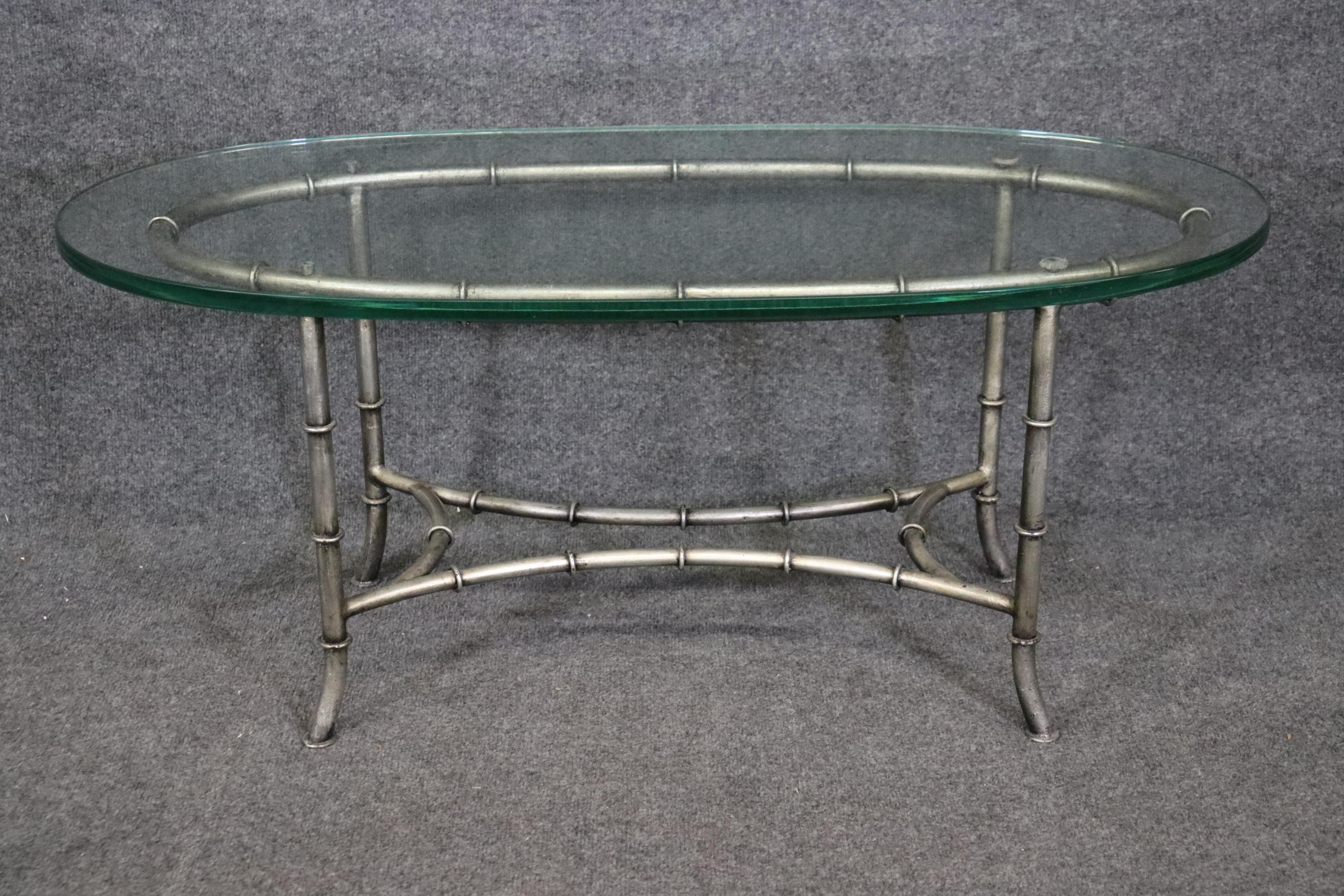 Directoire Gorgeous Oval Steel and Glass Maison Bagues Style Faux Bamboo Coffee Table For Sale