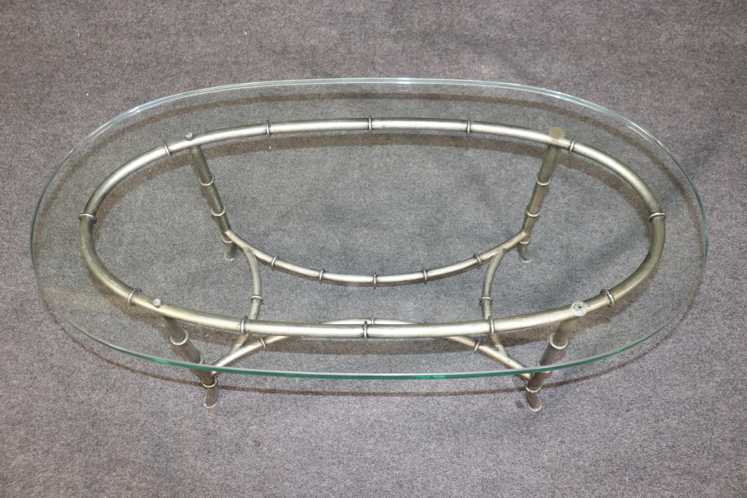 Gorgeous Oval Steel and Glass Maison Bagues Style Faux Bamboo Coffee Table For Sale 1
