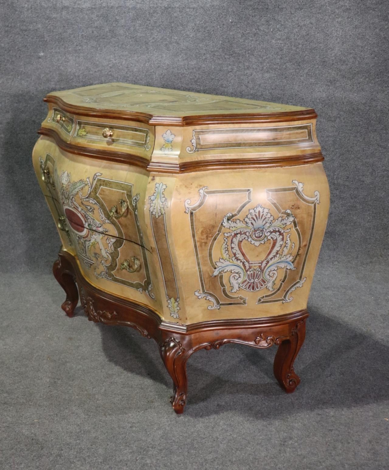 Late 20th Century Gorgeous Paint Decorate Bombe Form Italian Commode