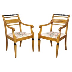 Antique Gorgeous Pair Biedermeier Style Ebonized Birch Armchairs 