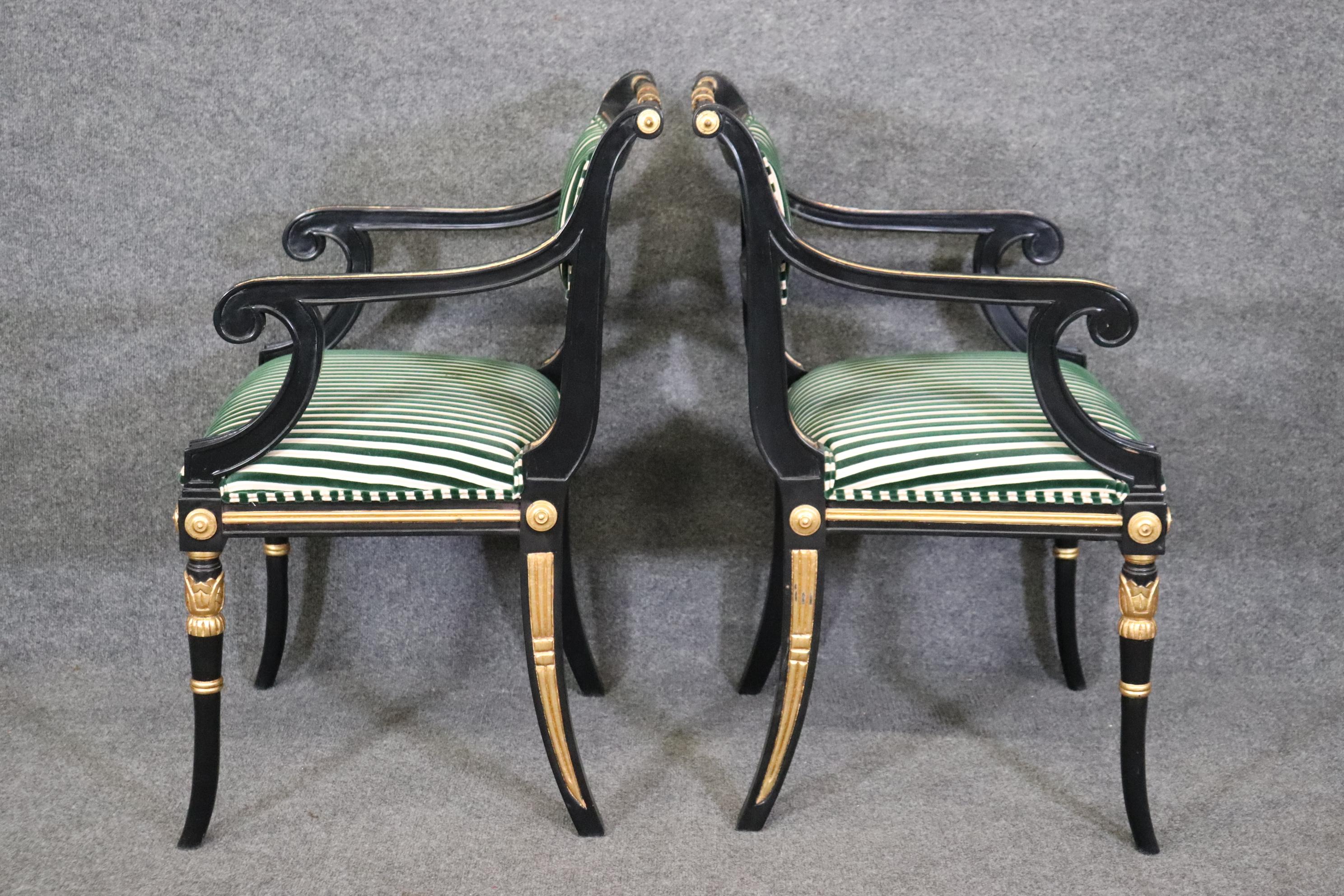 Unknown Gorgeous Pair Black Lacquer Regency Gilded Armchairs Dining Chairs 