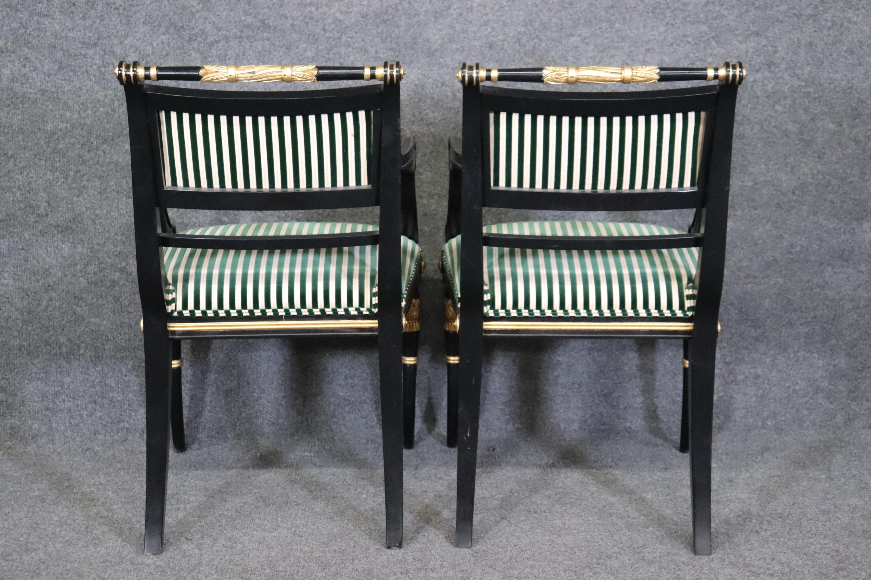 Gorgeous Pair Black Lacquer Regency Gilded Armchairs Dining Chairs  In Good Condition In Swedesboro, NJ