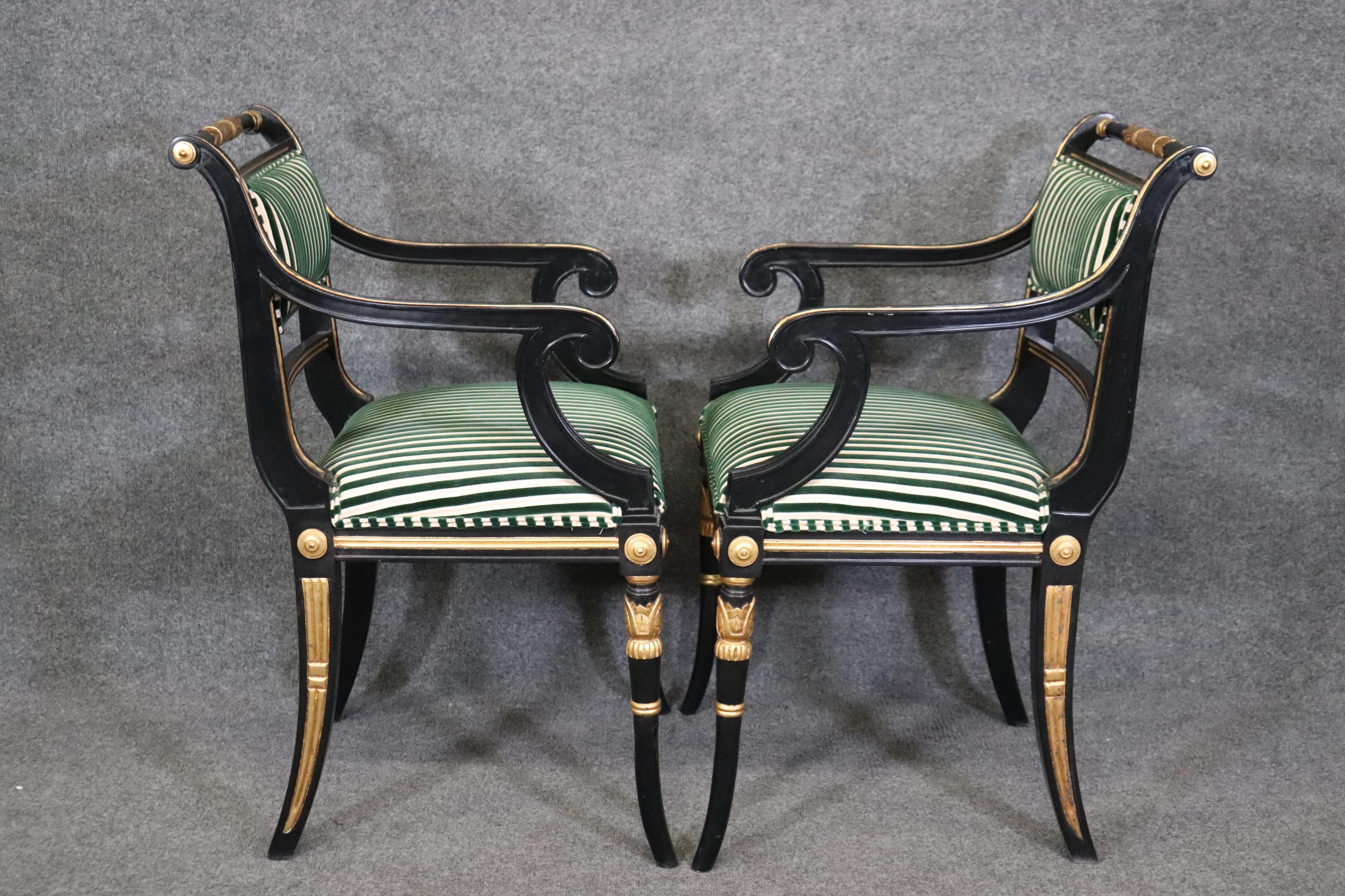 Late 20th Century Gorgeous Pair Black Lacquer Regency Gilded Armchairs Dining Chairs 