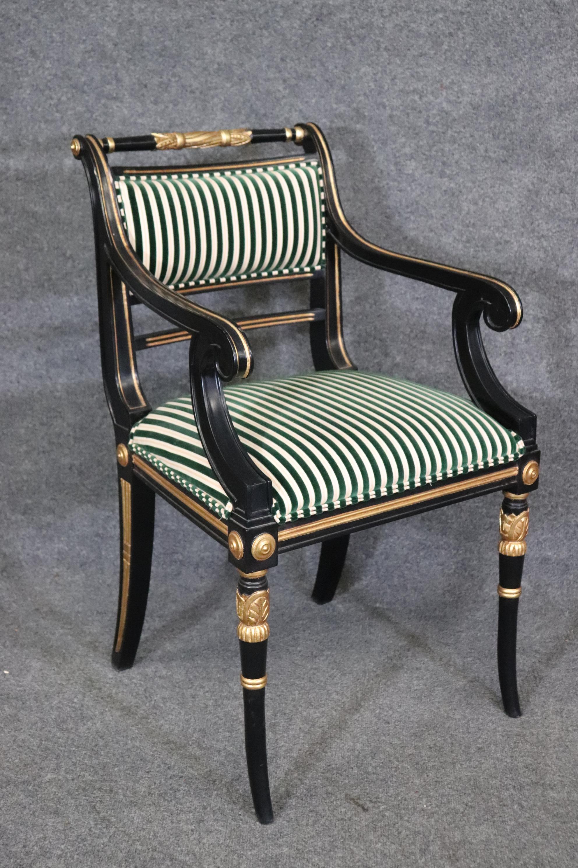 Walnut Gorgeous Pair Black Lacquer Regency Gilded Armchairs Dining Chairs 