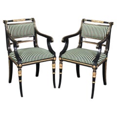 Gorgeous Pair Black Lacquer Regency Gilded Armchairs Dining Chairs 