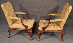 Pair of English Carved Walnut Georgian Style Lounge Arm Parlor Chairs