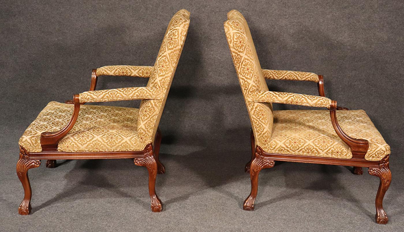American Pair of English Carved Walnut Georgian Style Lounge Arm Parlor Chairs