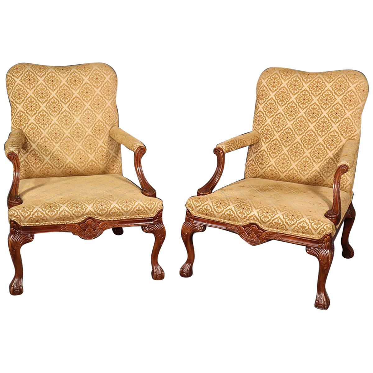 Pair of English Carved Walnut Georgian Style Lounge Arm Parlor Chairs