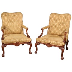 Vintage Pair of English Carved Walnut Georgian Style Lounge Arm Parlor Chairs