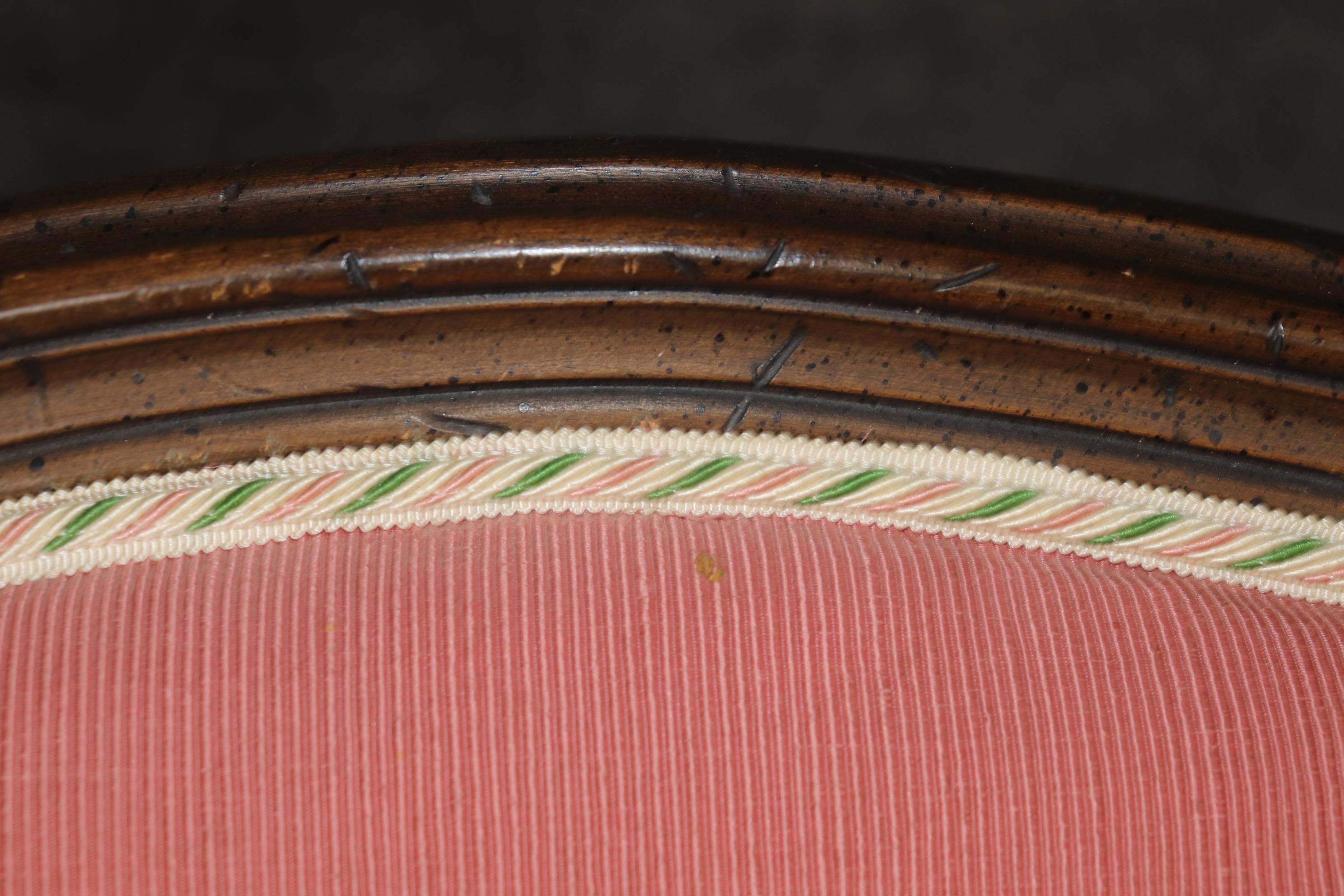 Gorgeous Pair Carved Walnut Louis XV Style Bergères with Pink Off-White Fabric 6