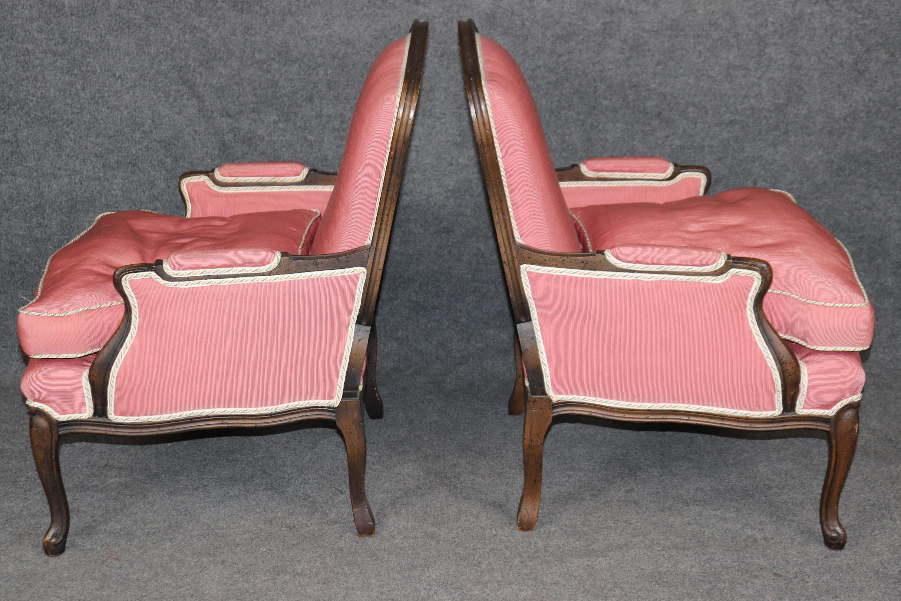 French Gorgeous Pair Carved Walnut Louis XV Style Bergères with Pink Off-White Fabric