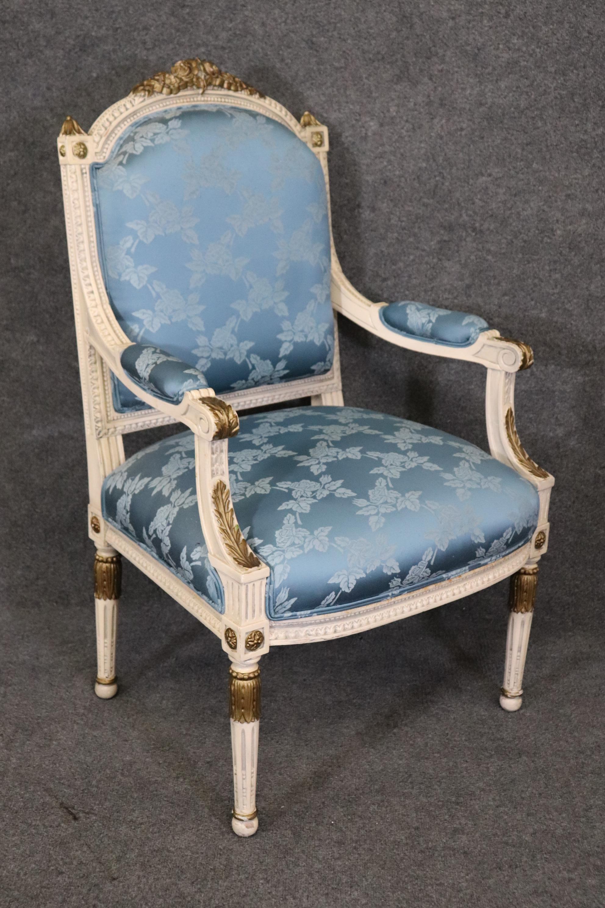 Gorgeous Pair French Carved Painted and Gilded Armchairs Blue Silk  For Sale 5