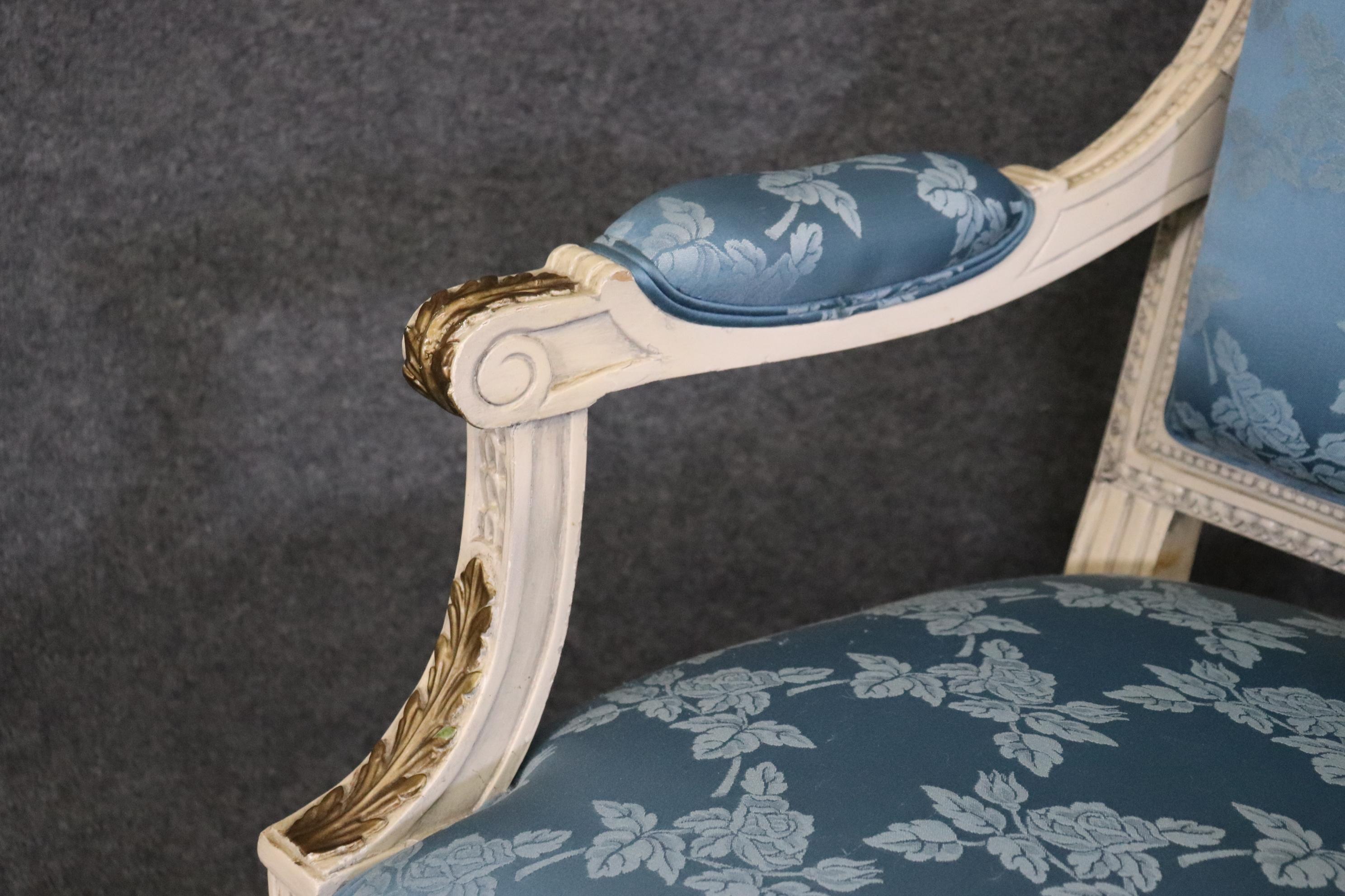 Gorgeous Pair French Carved Painted and Gilded Armchairs Blue Silk  For Sale 6