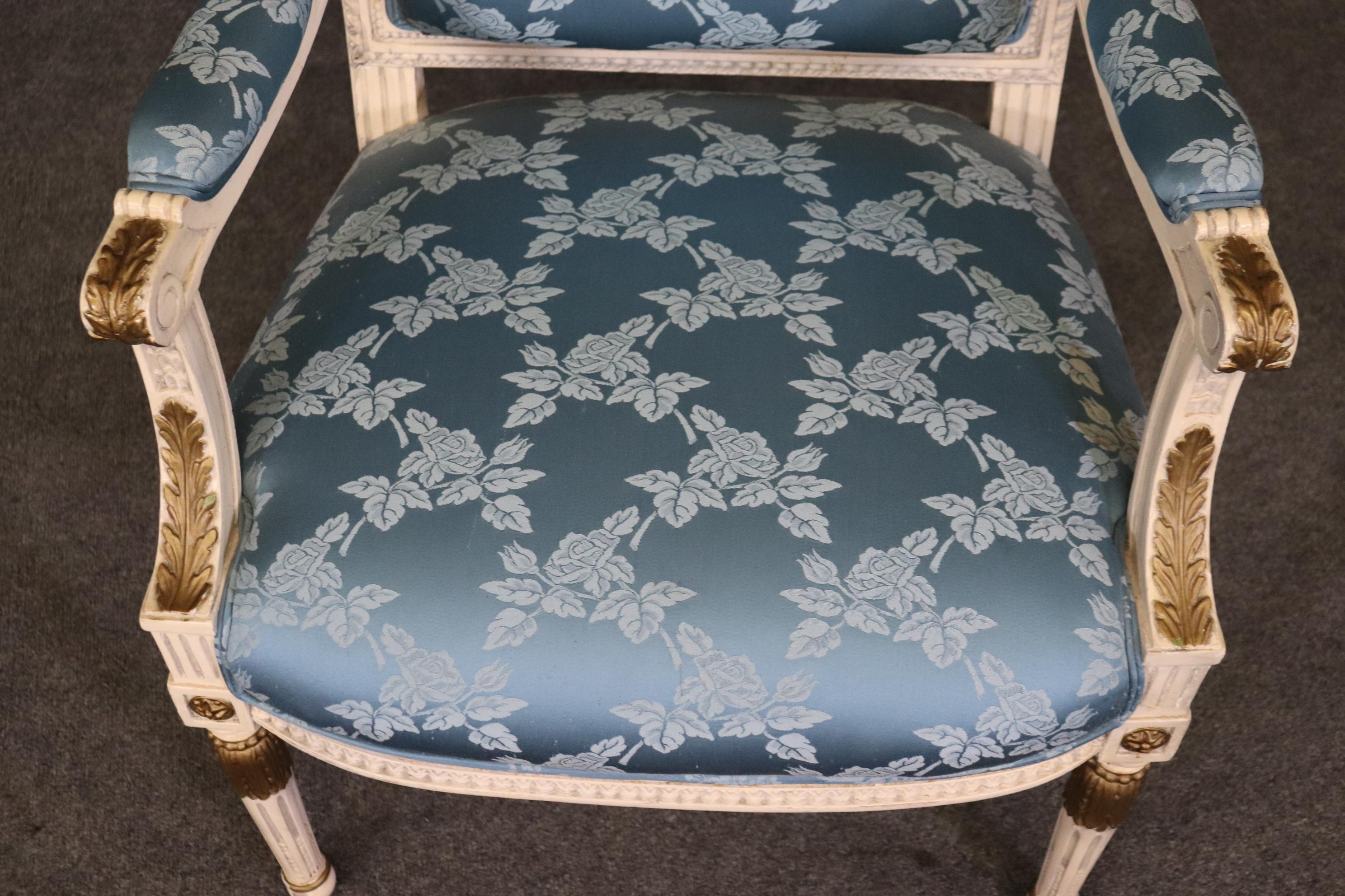 Gorgeous Pair French Carved Painted and Gilded Armchairs Blue Silk  For Sale 7