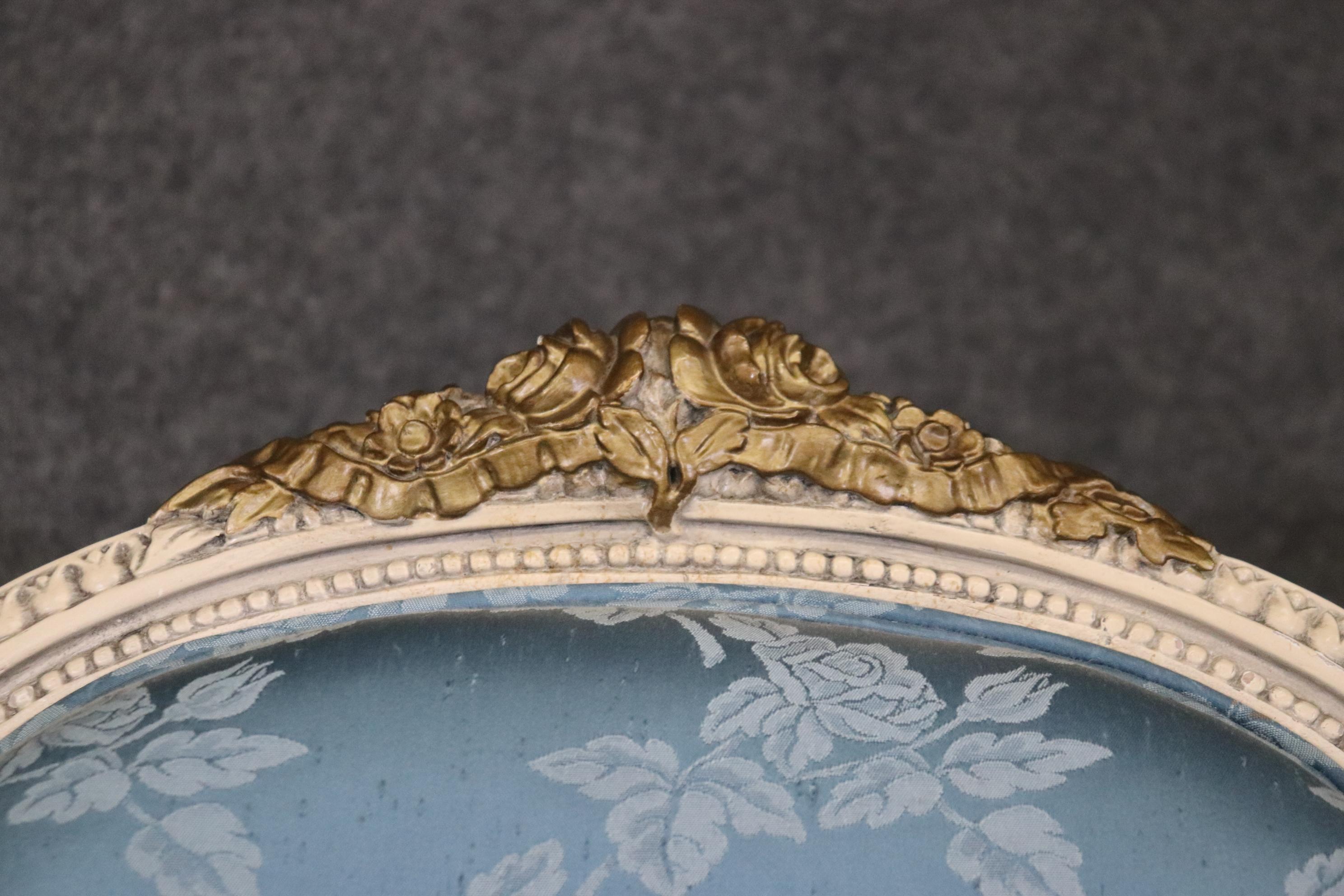 Louis XVI Gorgeous Pair French Carved Painted and Gilded Armchairs Blue Silk  For Sale
