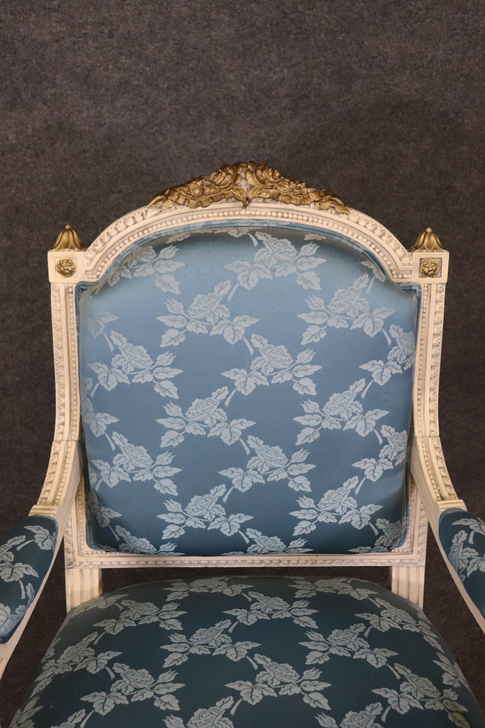 Gorgeous Pair French Carved Painted and Gilded Armchairs Blue Silk  In Good Condition For Sale In Swedesboro, NJ