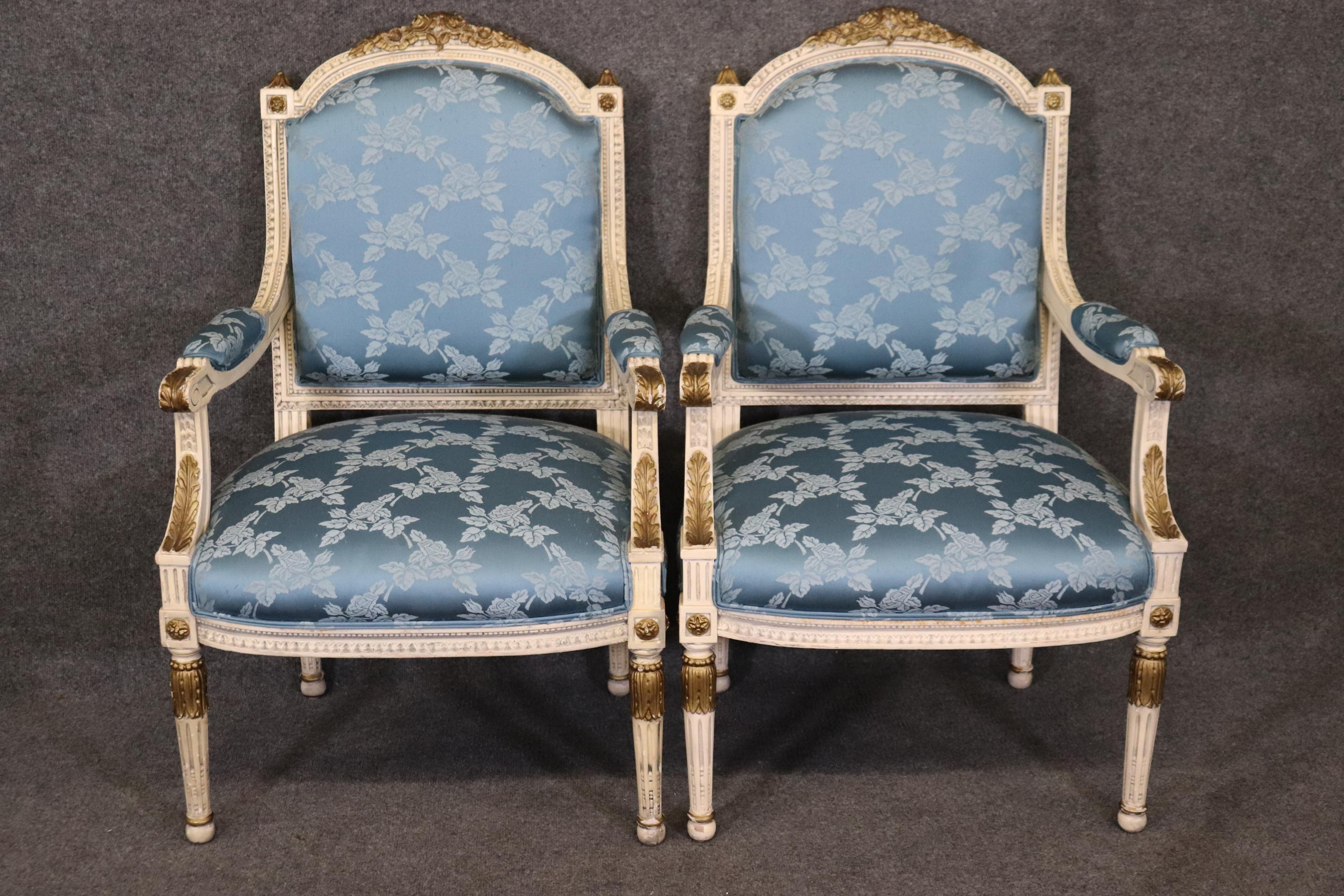 Gorgeous Pair French Carved Painted and Gilded Armchairs Blue Silk  For Sale 1