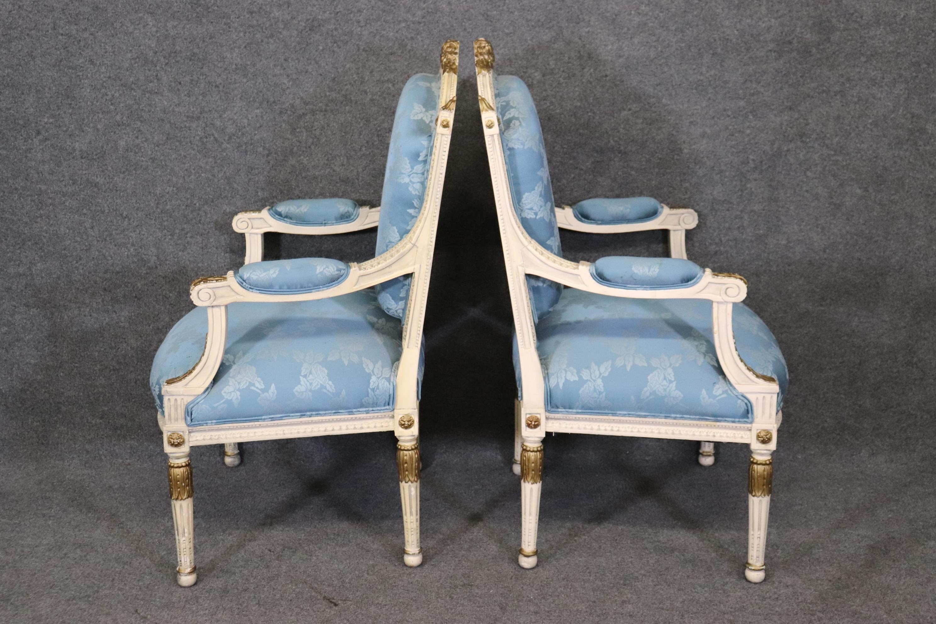 Gorgeous Pair French Carved Painted and Gilded Armchairs Blue Silk 2
