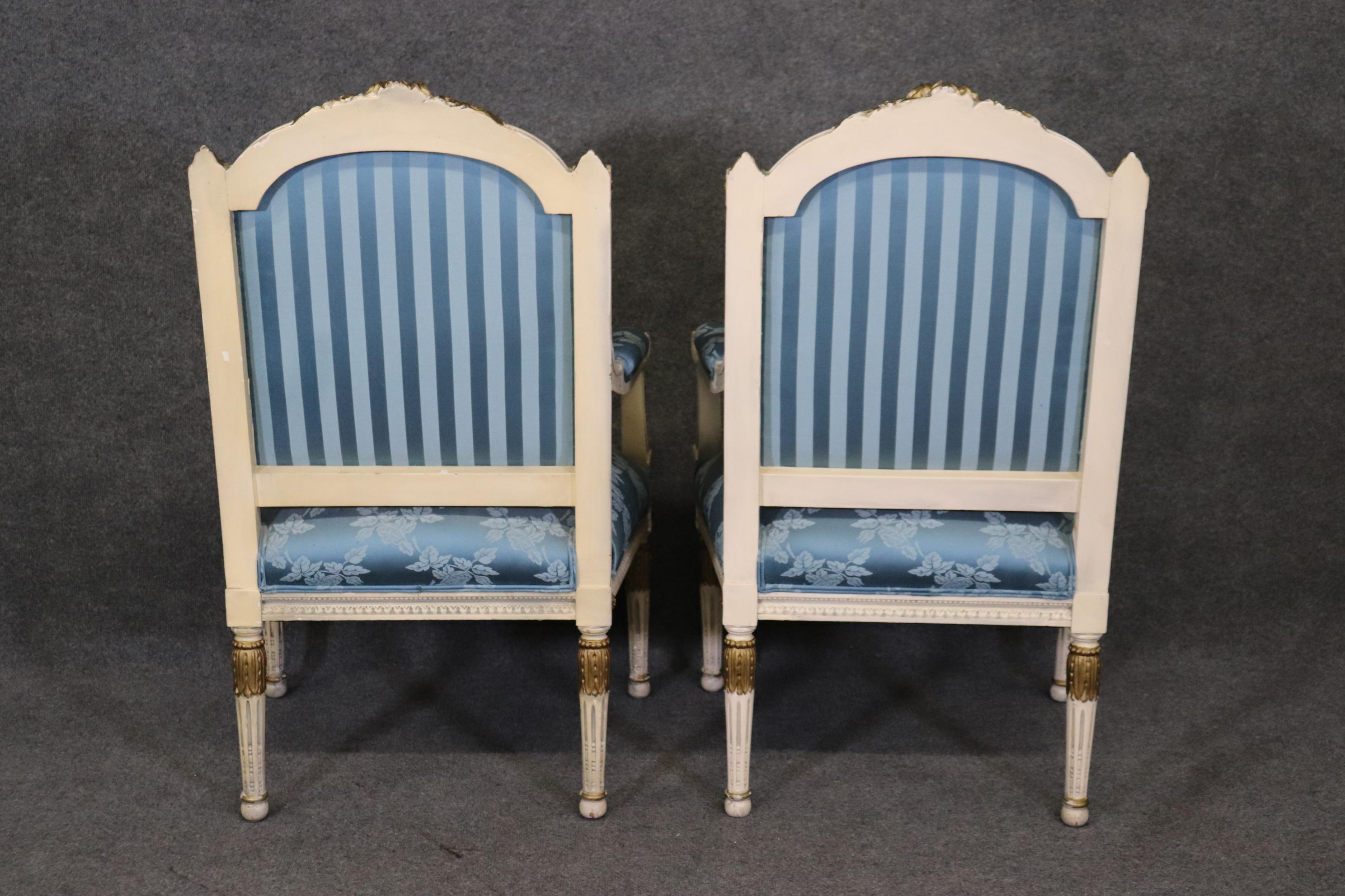 Gorgeous Pair French Carved Painted and Gilded Armchairs Blue Silk  For Sale 3