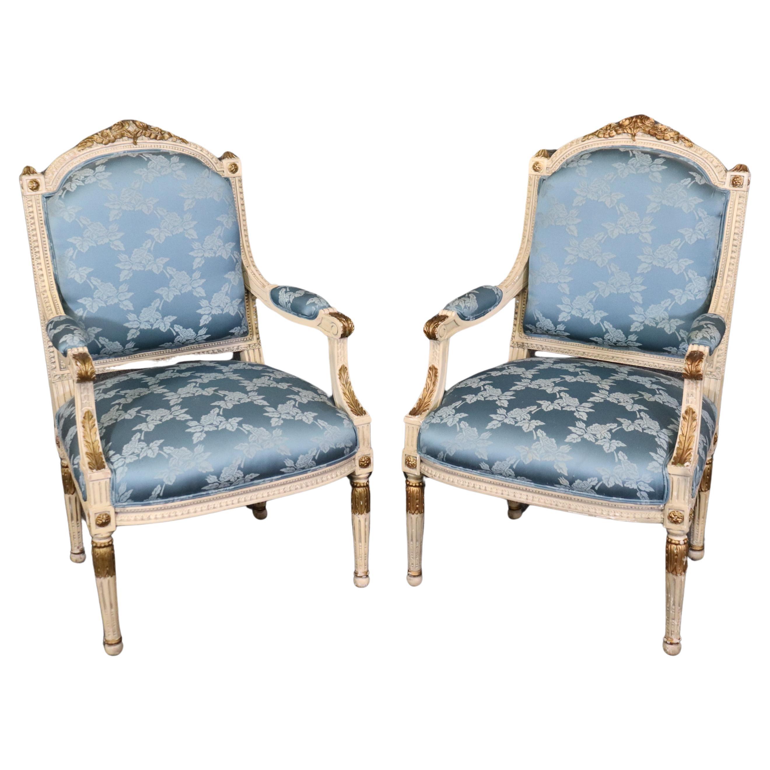 Gorgeous Pair French Carved Painted and Gilded Armchairs Blue Silk  For Sale