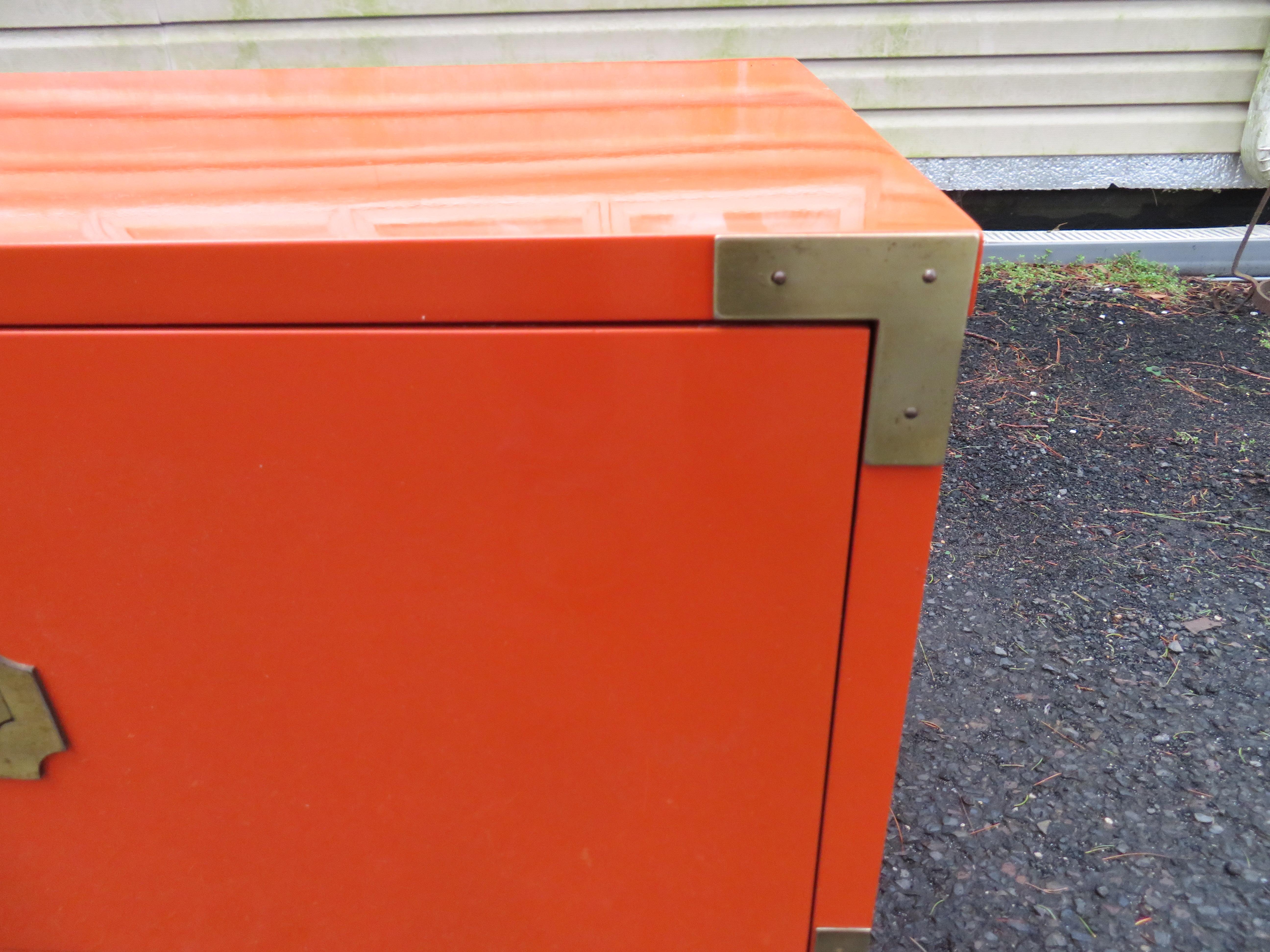 Gorgeous Pair Gloss Orange Lacquer Campaign Chest Night Stand Dixie Campaigner 3