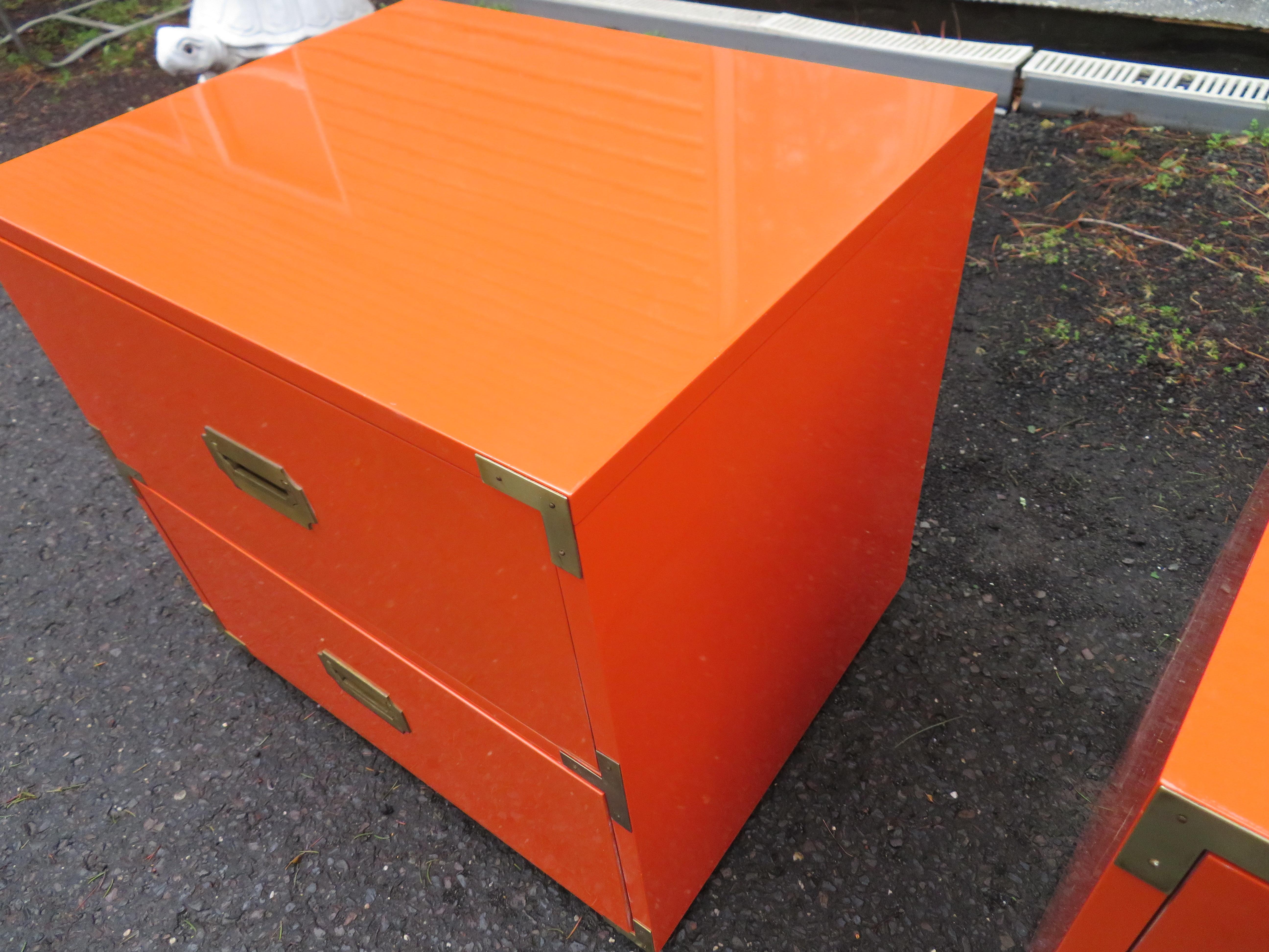 Gorgeous Pair Gloss Orange Lacquer Campaign Chest Night Stand Dixie Campaigner 4