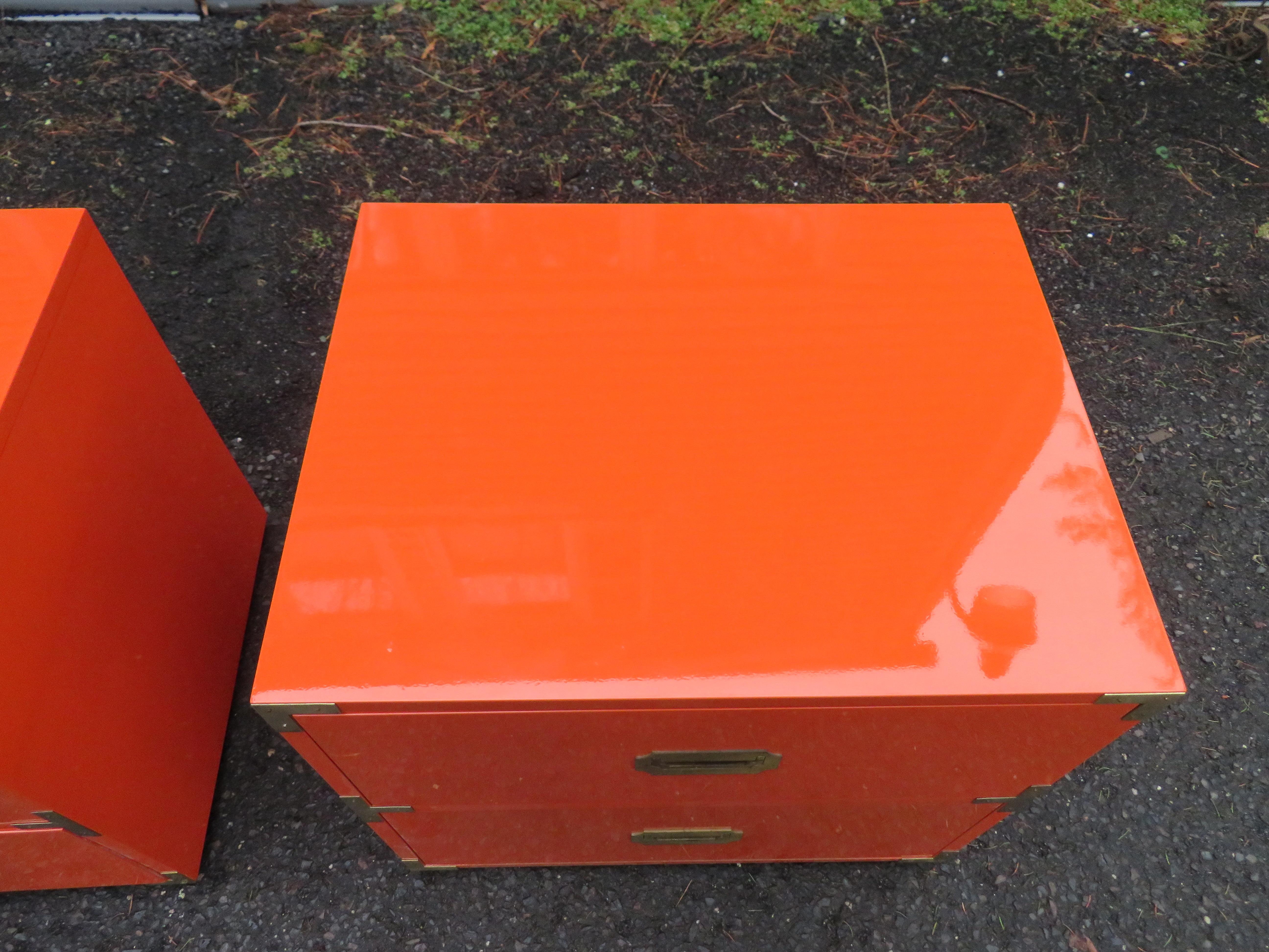 Gorgeous Pair Gloss Orange Lacquer Campaign Chest Night Stand Dixie Campaigner 5