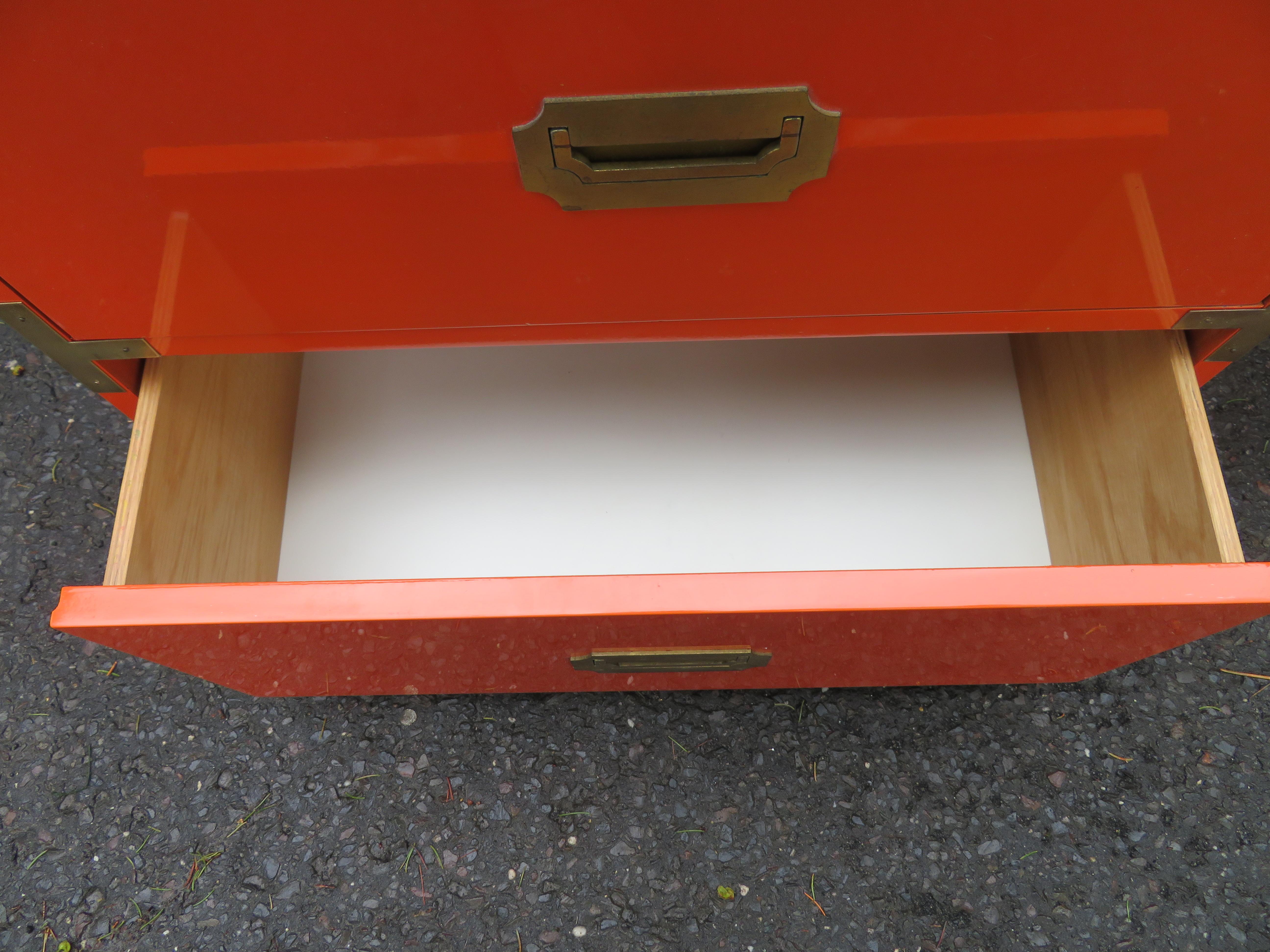 Gorgeous Pair Gloss Orange Lacquer Campaign Chest Night Stand Dixie Campaigner 6
