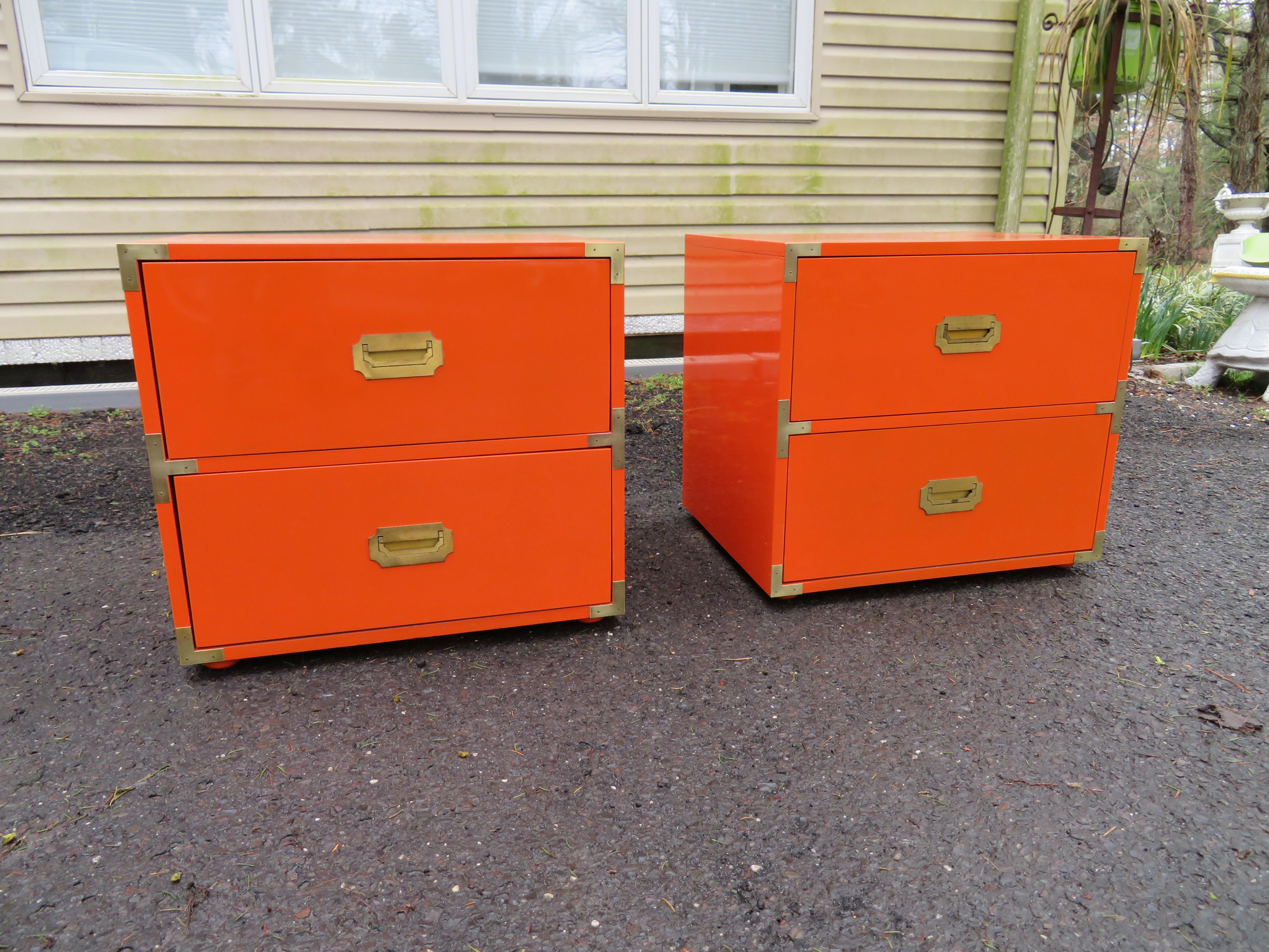 Gorgeous Pair Gloss Orange Lacquer Campaign Chest Night Stand Dixie Campaigner 7