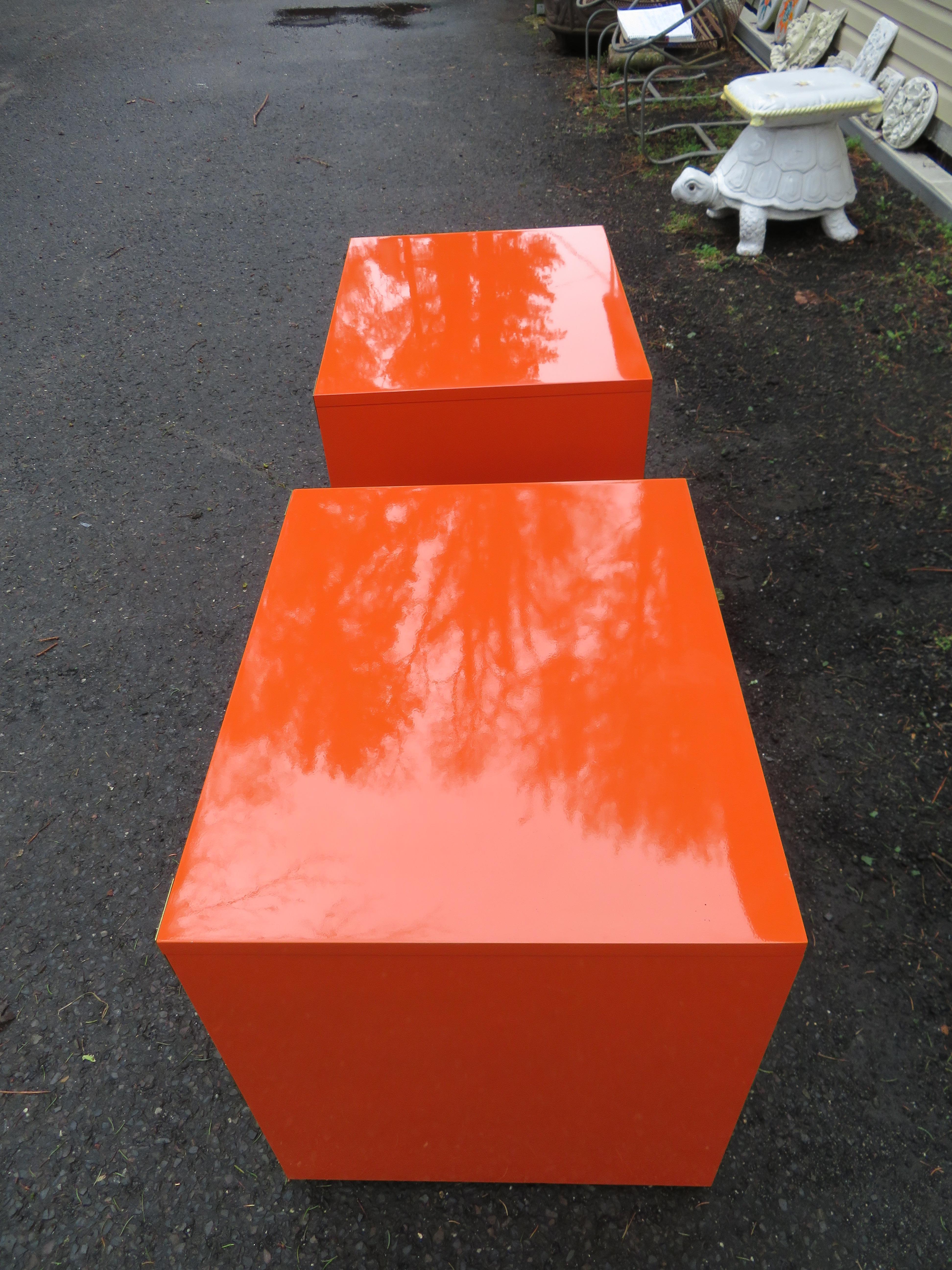 Gorgeous Pair Gloss Orange Lacquer Campaign Chest Night Stand Dixie Campaigner 8