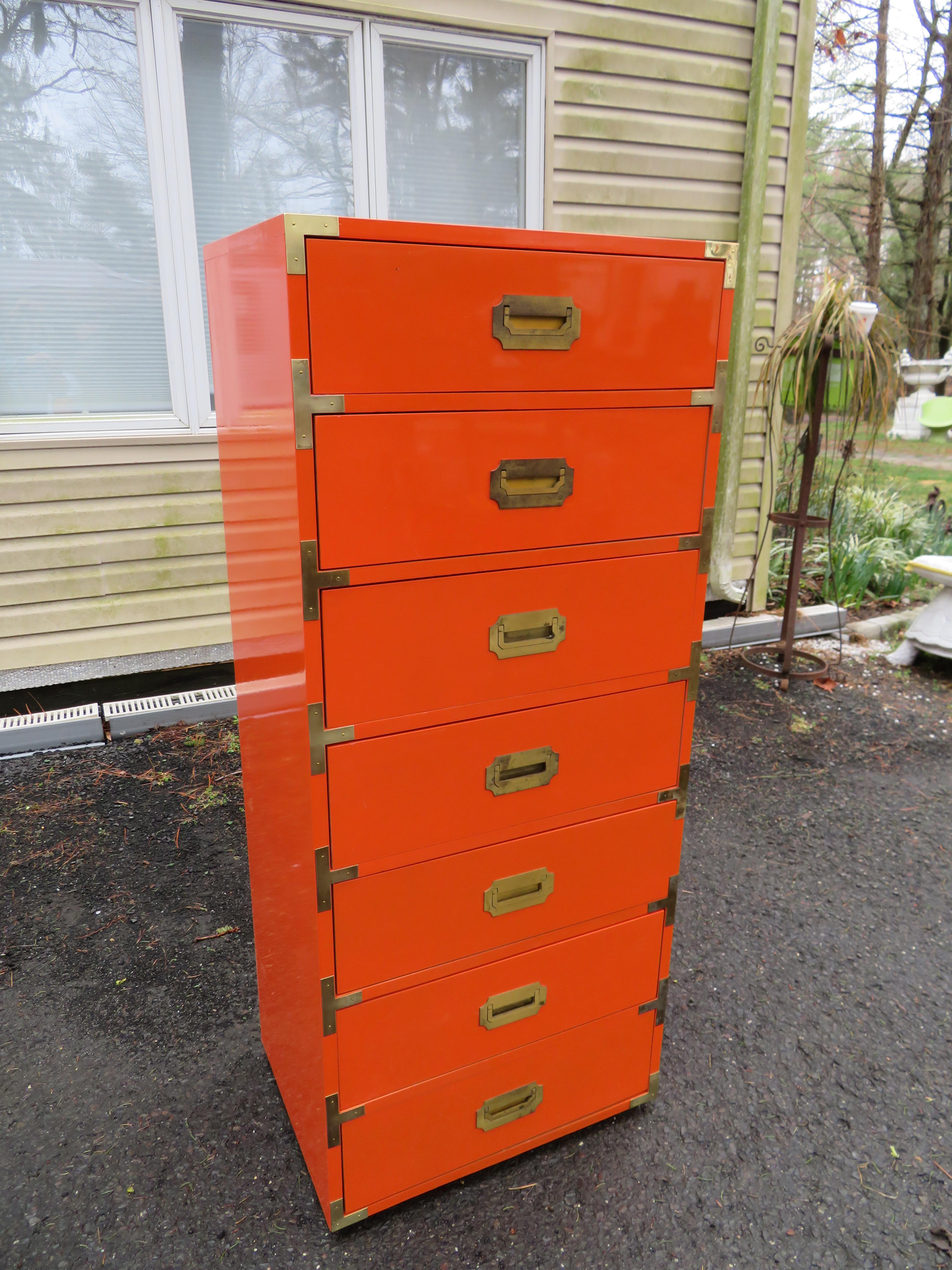 Gorgeous Pair Gloss Orange Lacquer Campaign Chest Night Stand Dixie Campaigner 9