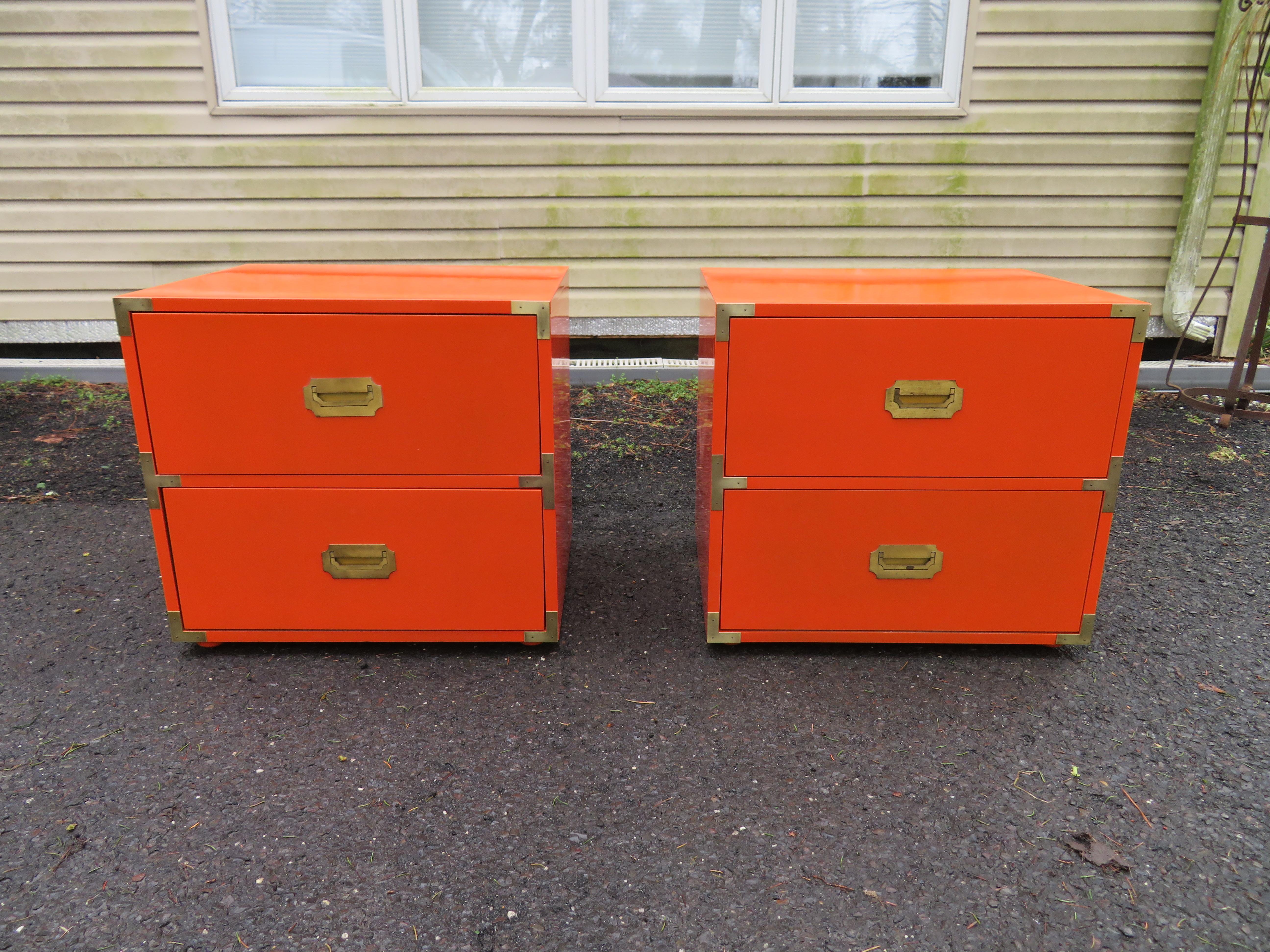 Gorgeous pair of Dixie Campaigner night stands with new high gloss Hermes orange lacquer. These are breathtaking in person and very well done. The original brass hardware has been polished but still retain that vintage feel-see photos.