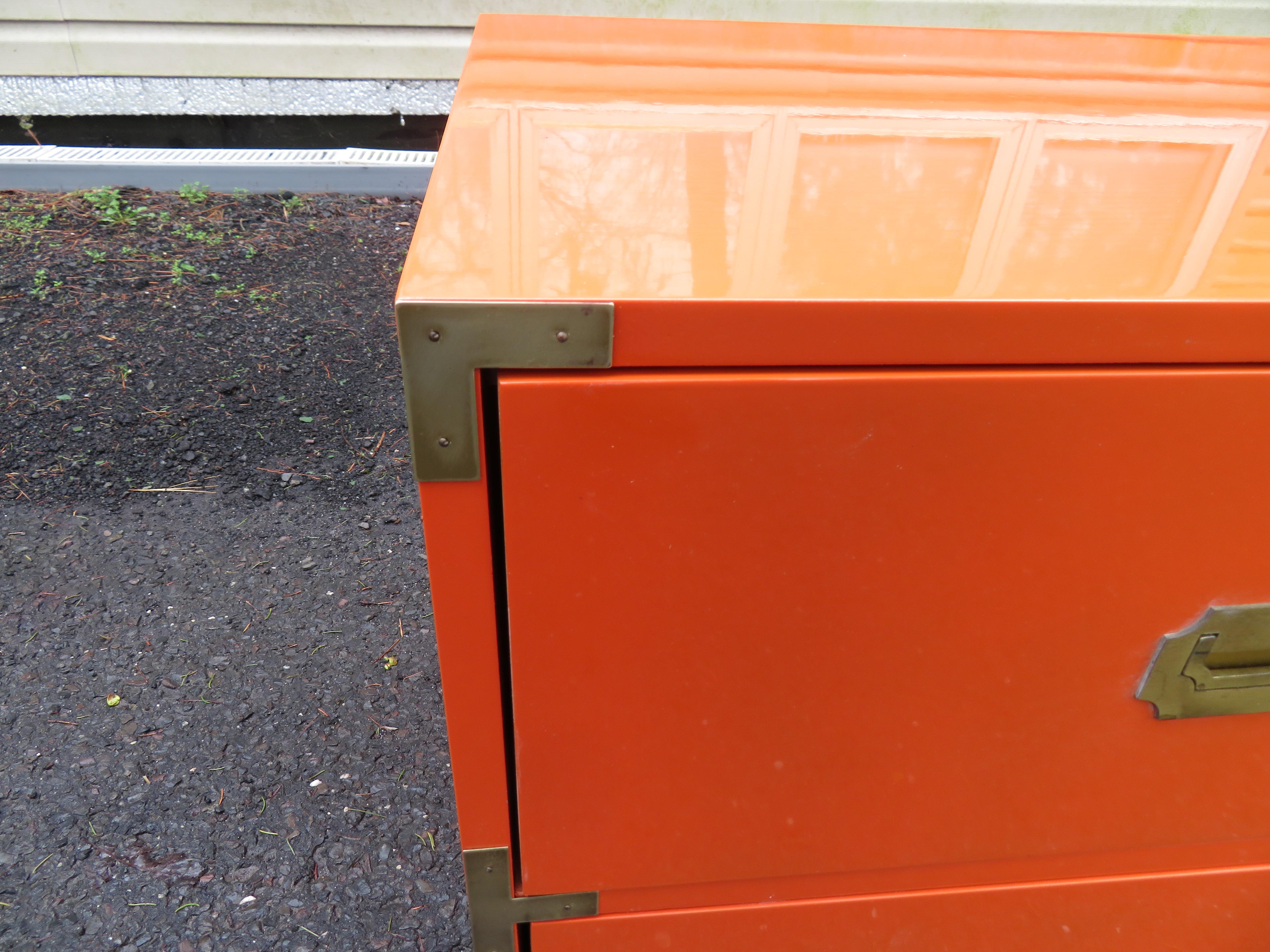 Mid-Century Modern Gorgeous Pair Gloss Orange Lacquer Campaign Chest Night Stand Dixie Campaigner