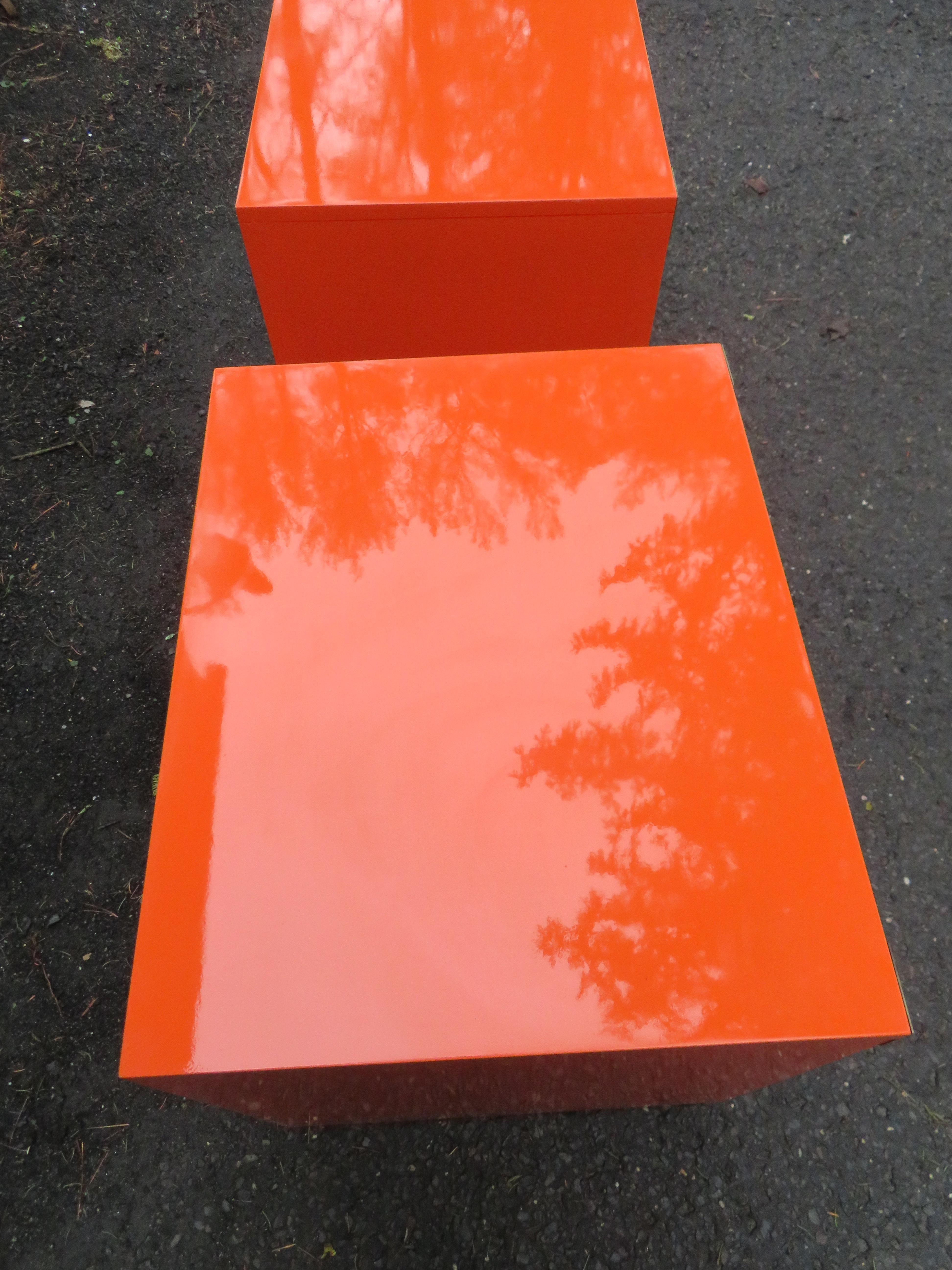 American Gorgeous Pair Gloss Orange Lacquer Campaign Chest Night Stand Dixie Campaigner