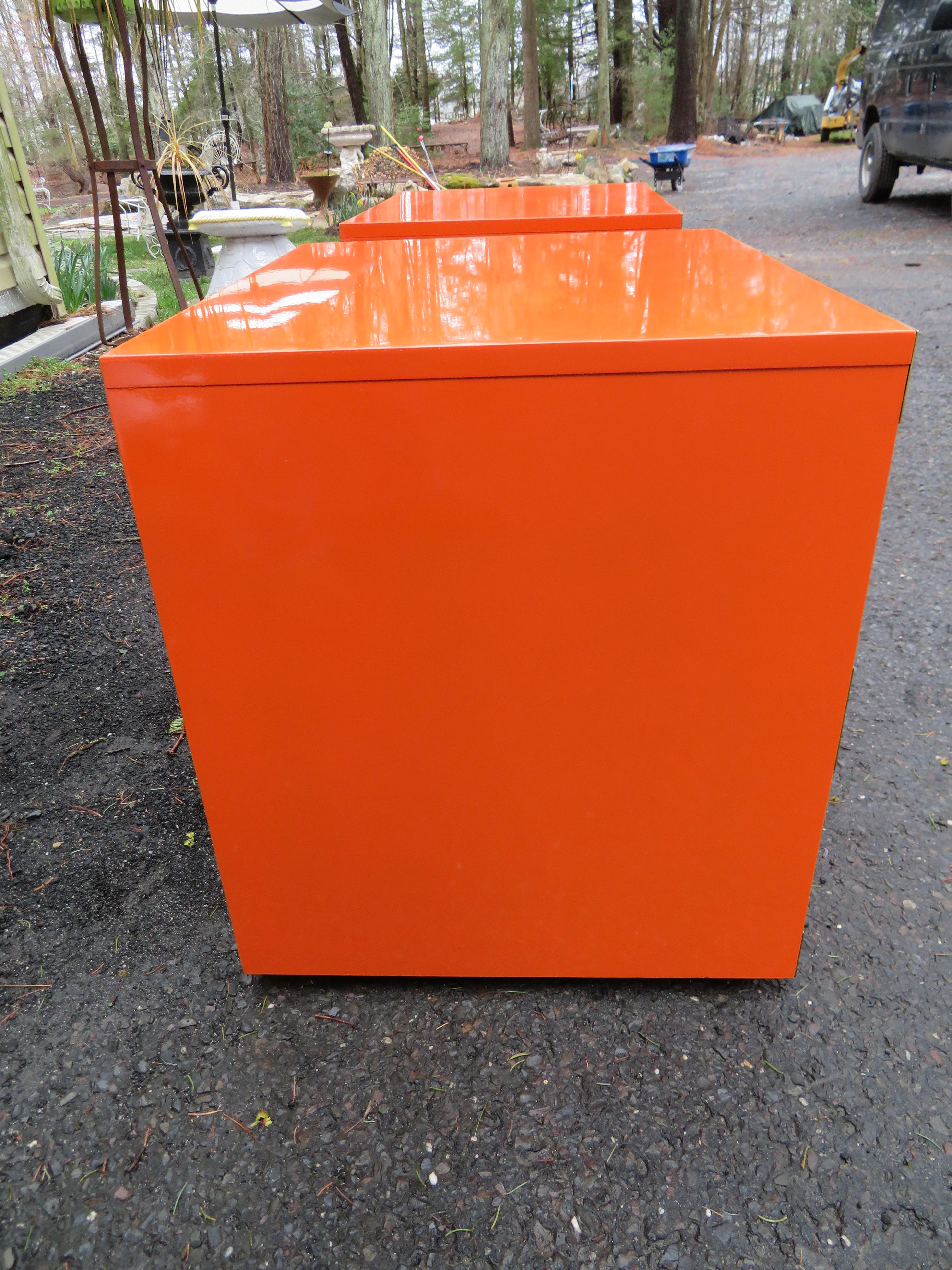 Lacquered Gorgeous Pair Gloss Orange Lacquer Campaign Chest Night Stand Dixie Campaigner