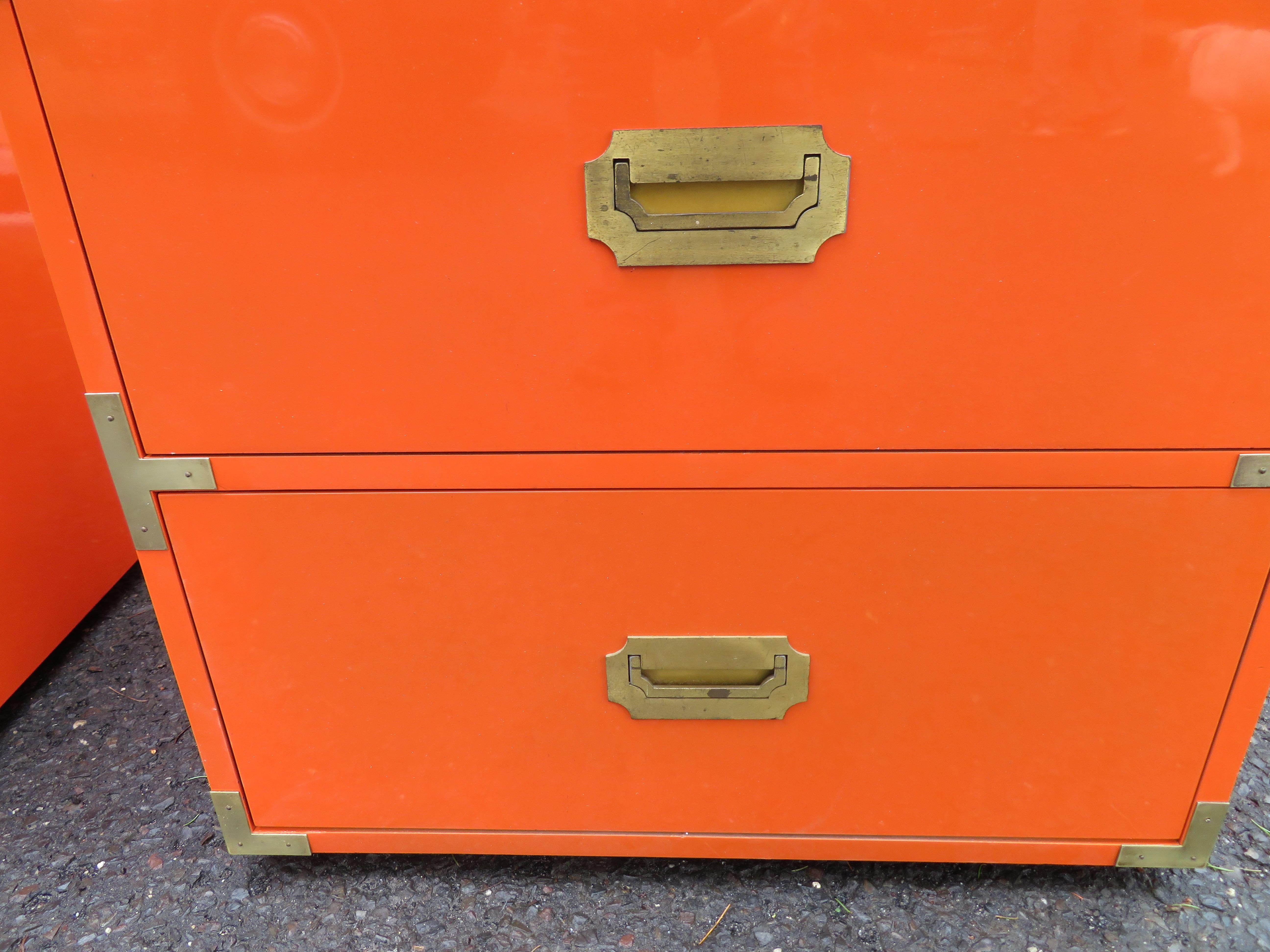 Late 20th Century Gorgeous Pair Gloss Orange Lacquer Campaign Chest Night Stand Dixie Campaigner