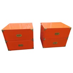 Retro Gorgeous Pair Gloss Orange Lacquer Campaign Chest Night Stand Dixie Campaigner