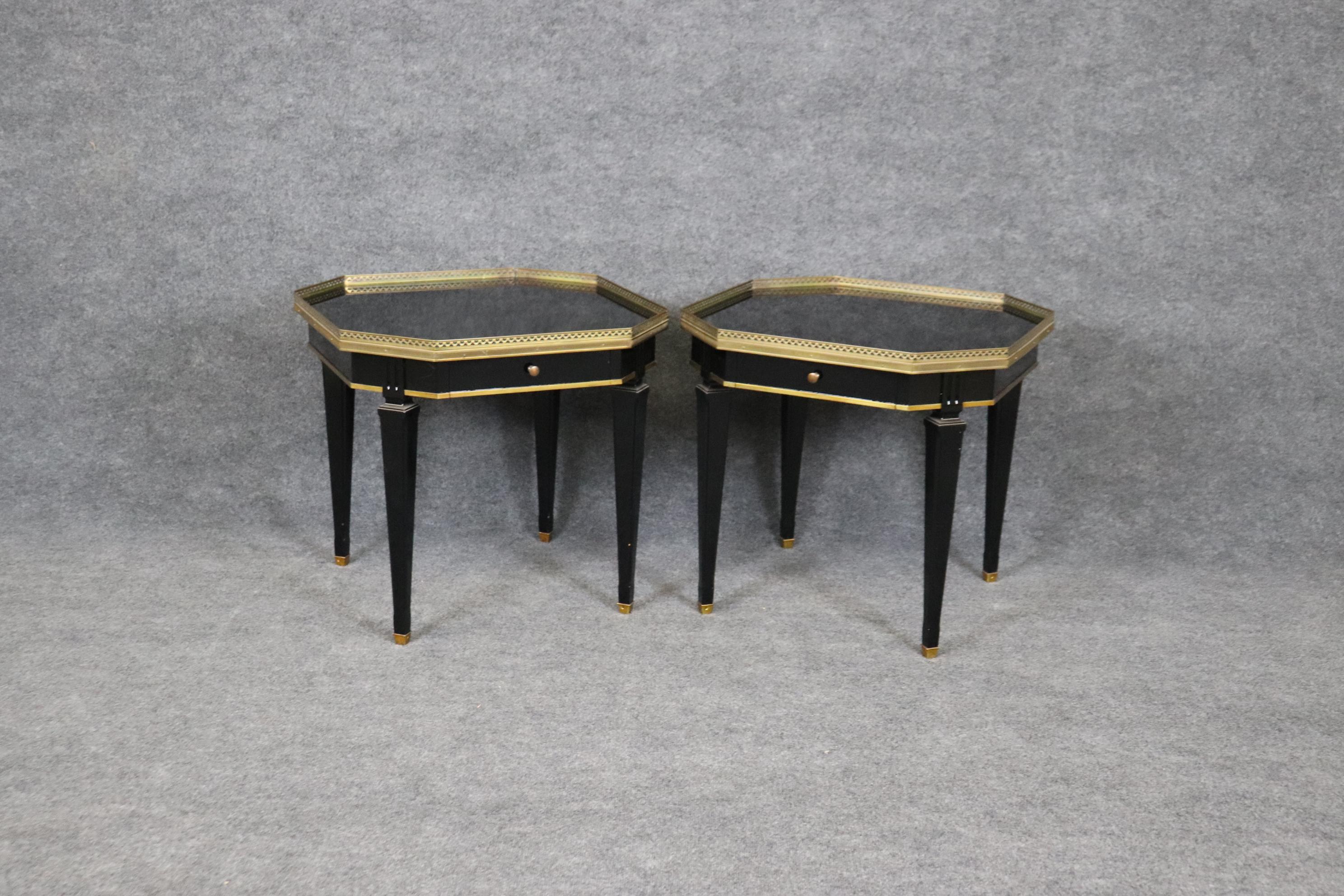 Brass Gorgeous Pair Maison Jansen Style Directoire Octagonal Black Laquer End Tables