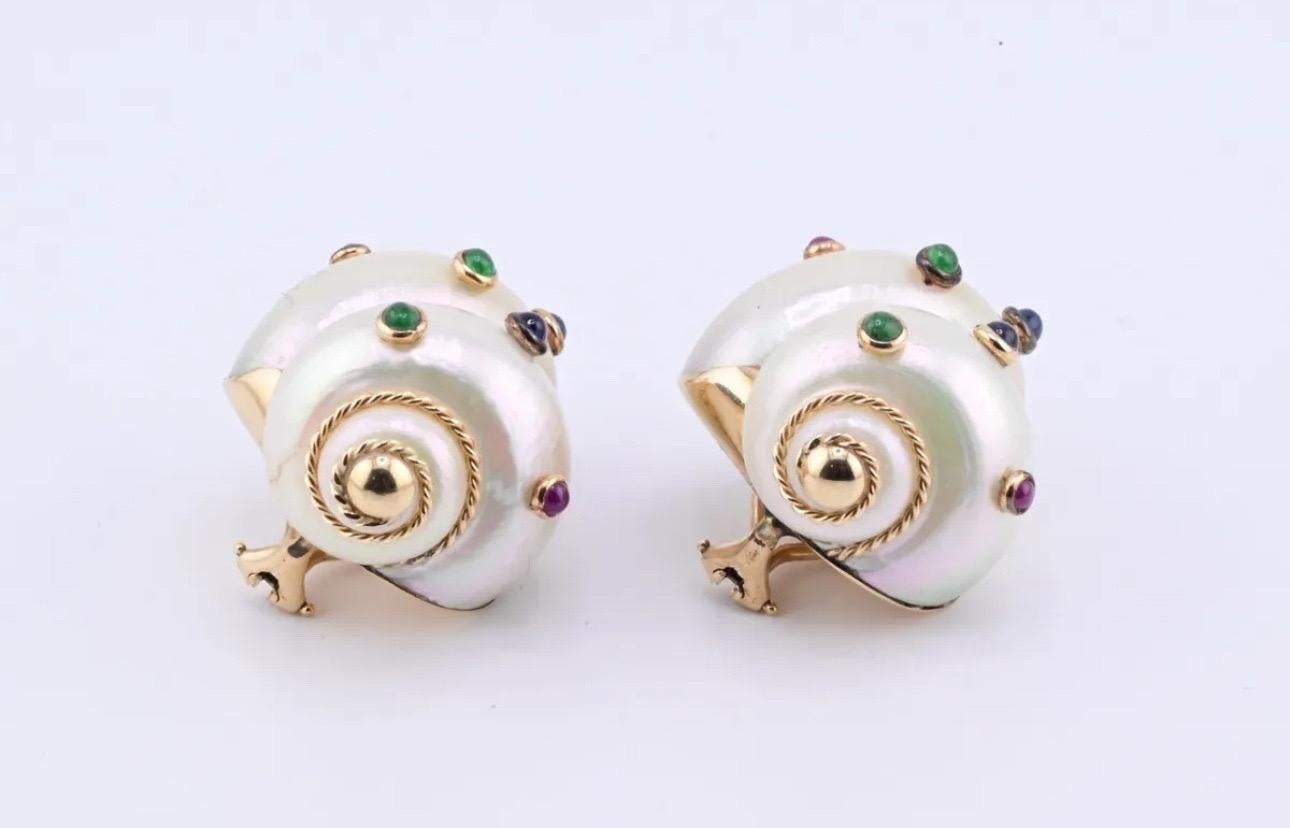 Gorgeous Pair Of 14K Maz Seashell Earrings With Gemstones Seaman Schepps Style In Good Condition For Sale In Media, PA