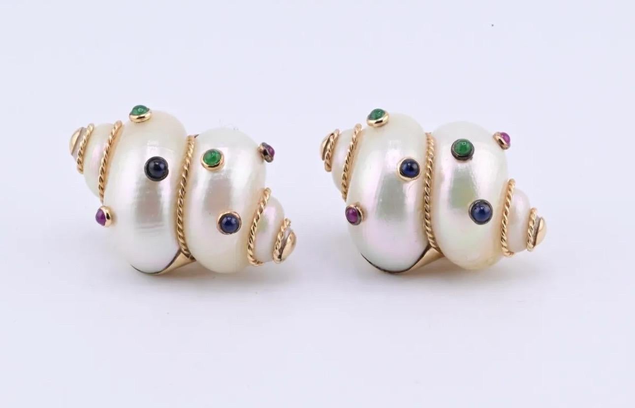 Women's Gorgeous Pair Of 14K Maz Seashell Earrings With Gemstones Seaman Schepps Style For Sale