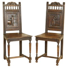 Gorgeous Pair Of Antique Circa 1920 Hand Carved Oak Brittany Chairs 