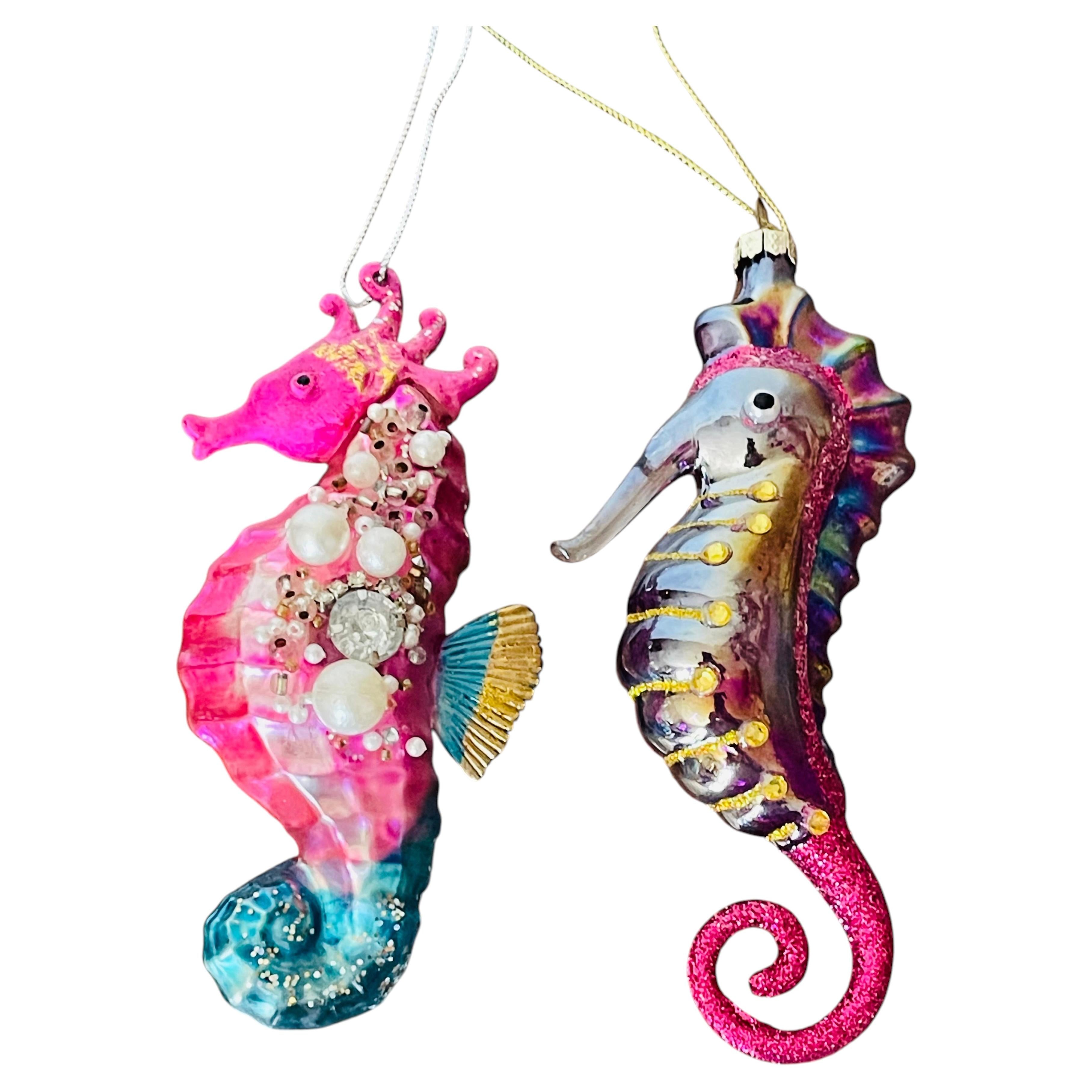 Gorgeous Pair of Blown Glass Sea Horse Holiday Ornaments