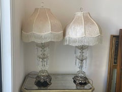 Bohemian Cut Crystal Table Lamps with Bronze Base and Silk Shades