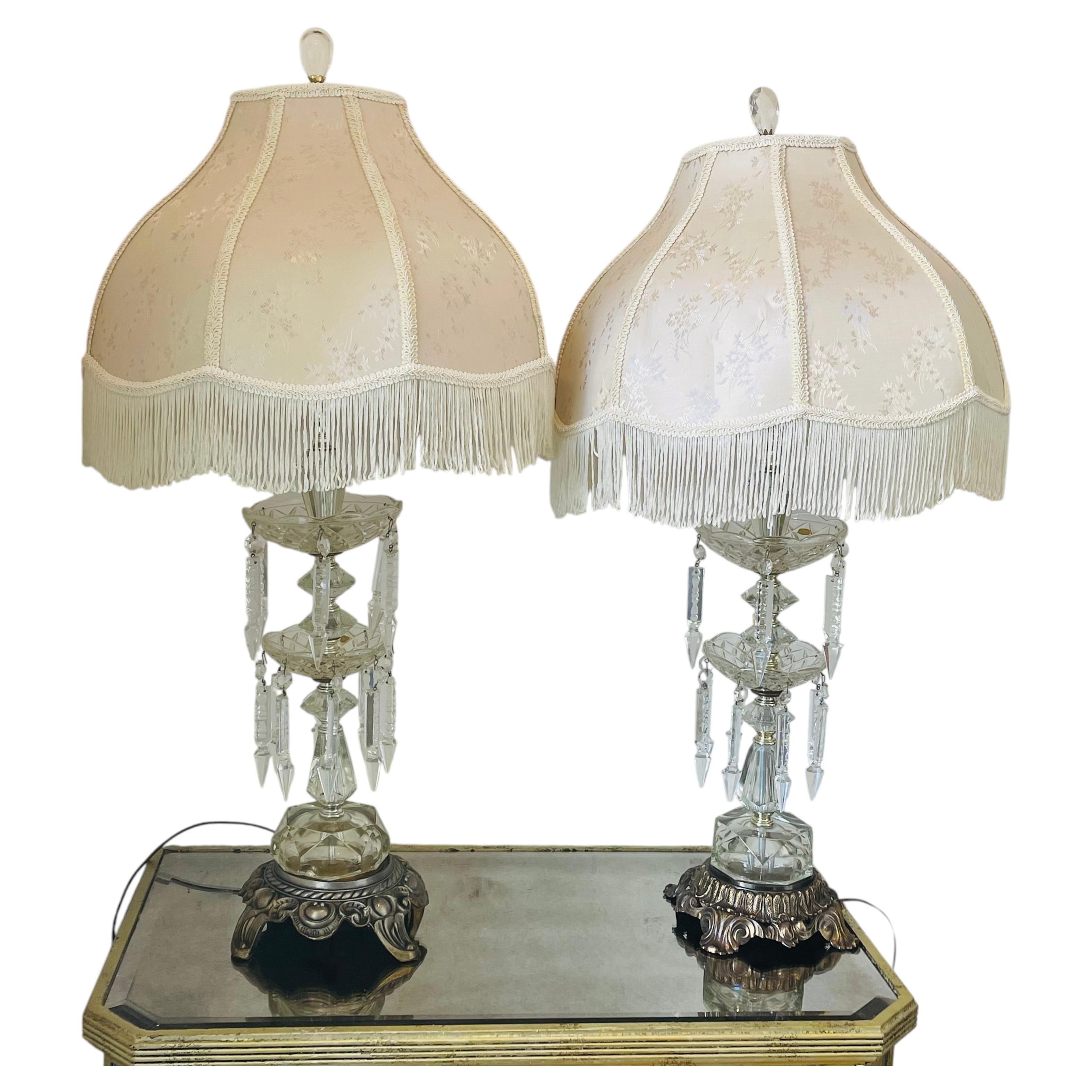 Bohemian Cut Crystal Table Lamps with Bronze Base and Silk Shades