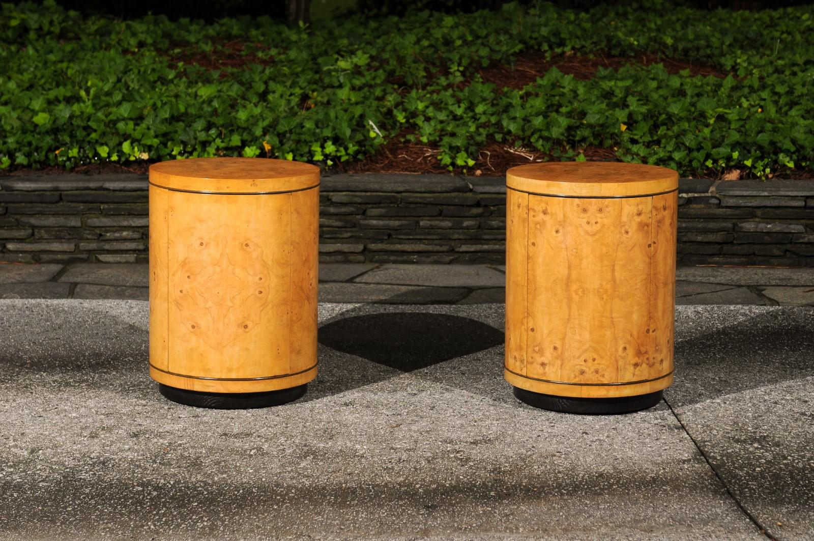 Organic Modern Gorgeous Pair of Bookmatch Olivewood Cylinder Cabinets by Henredon, circa 1980 For Sale