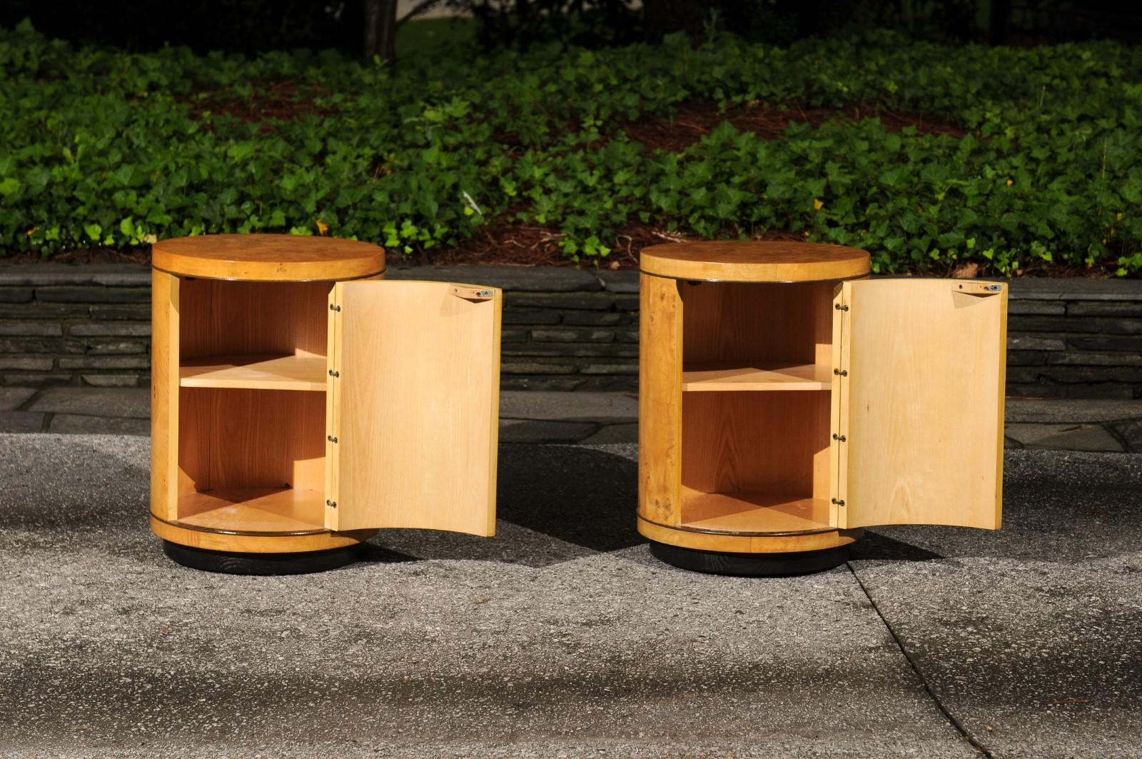 Ash Gorgeous Pair of Bookmatch Olivewood Cylinder Cabinets by Henredon, circa 1980 For Sale