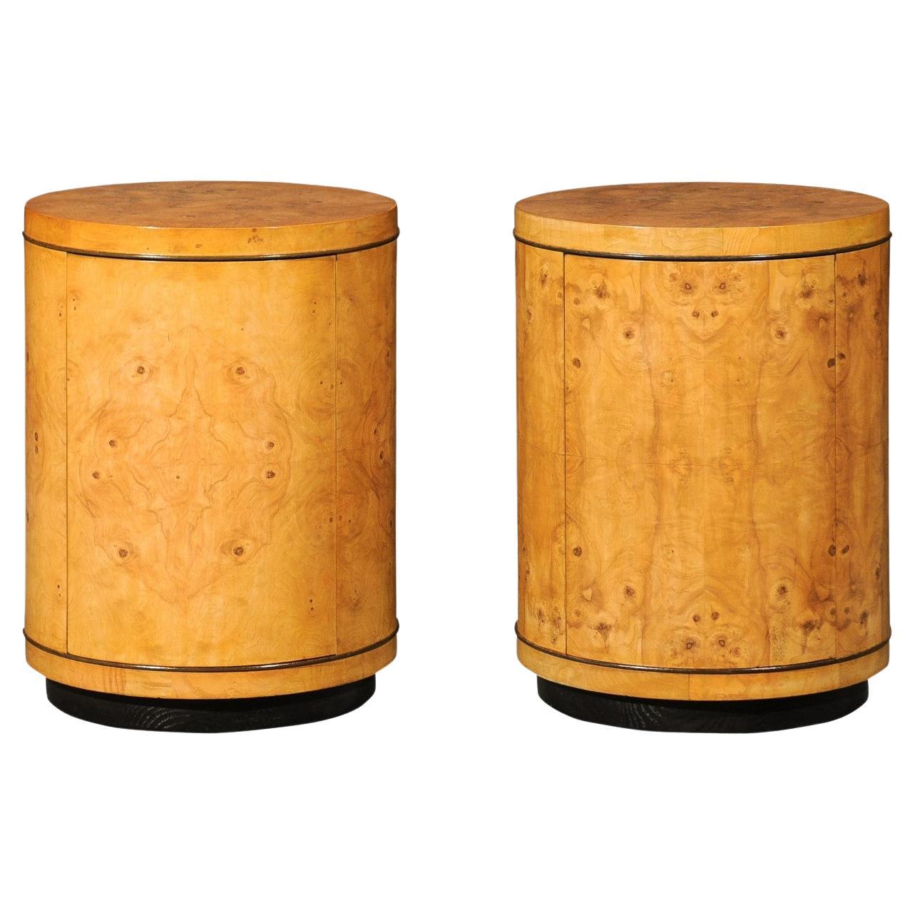 Gorgeous Pair of Bookmatch Olivewood Cylinder Cabinets by Henredon, circa 1980