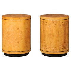 Gorgeous Pair of Bookmatch Olivewood Cylinder Cabinets by Henredon, circa 1980