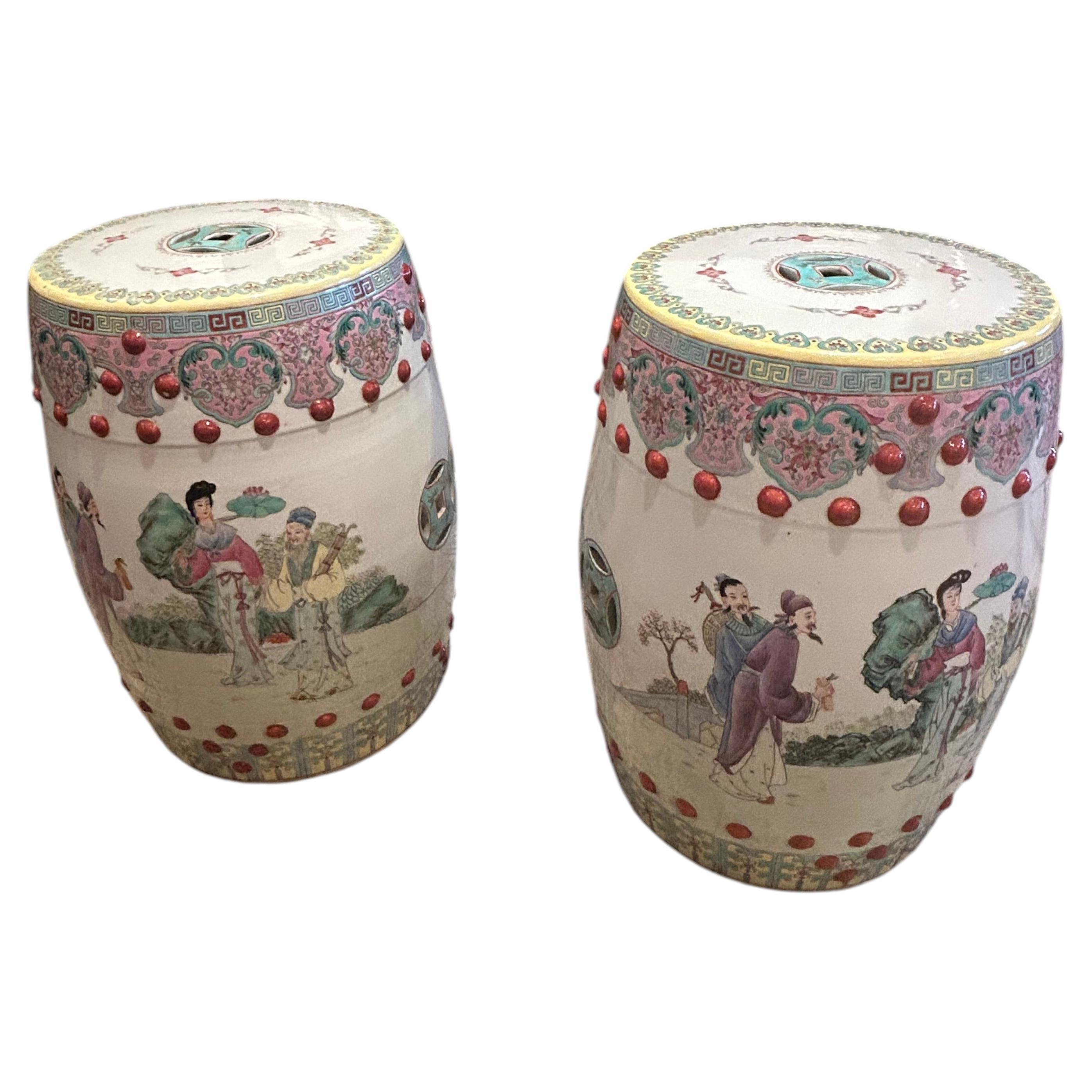 Gorgeous Pair of Ceramic Chinese Garden Seat End Tables