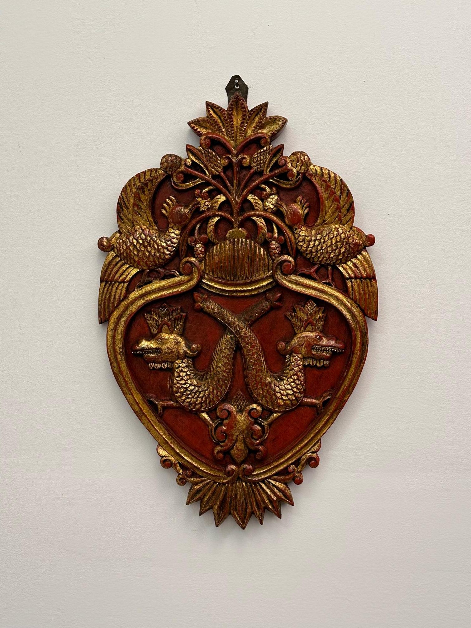 Italian Gorgeous Pair of Continental Vintage Hand Carved Red & Gilt Wall Plaques For Sale